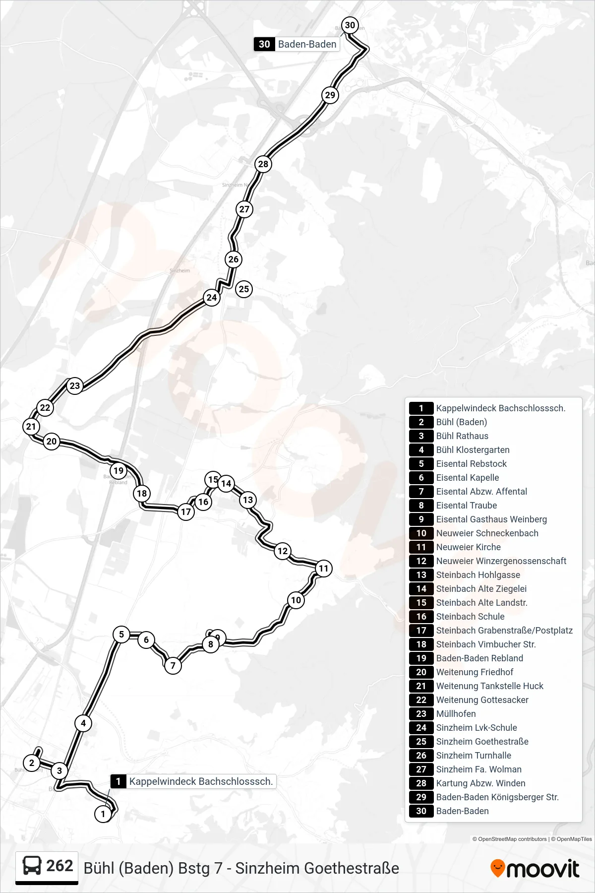 262 tram Line (Baden-Baden) route and stops on a map