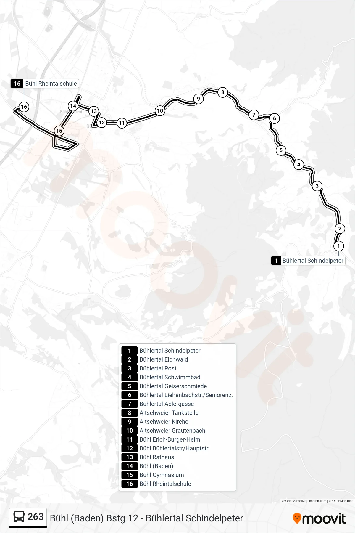 Linie 263 (Tram) Richtung Bühl Rheintalschule: Route und Haltestellen auf der Karte