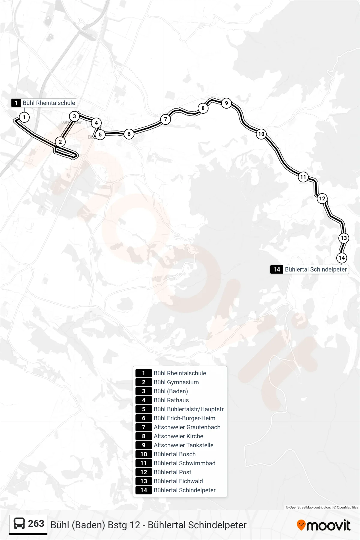 263 tram Line (Bühlertal Schindelpeter) route and stops on a map