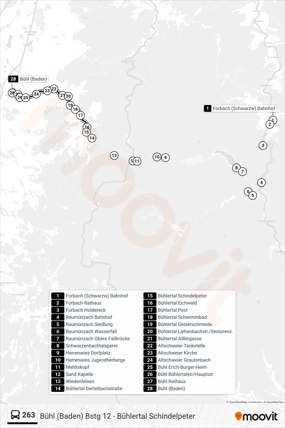 263 tram Line (Bühl (Baden)) route and stops on a map