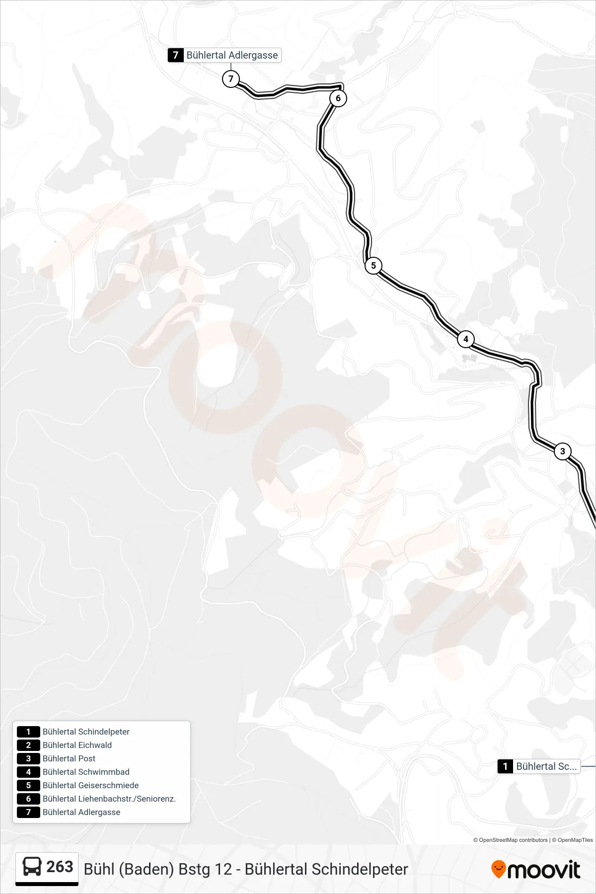 263 tram Line (Bühlertal Adlergasse) route and stops on a map