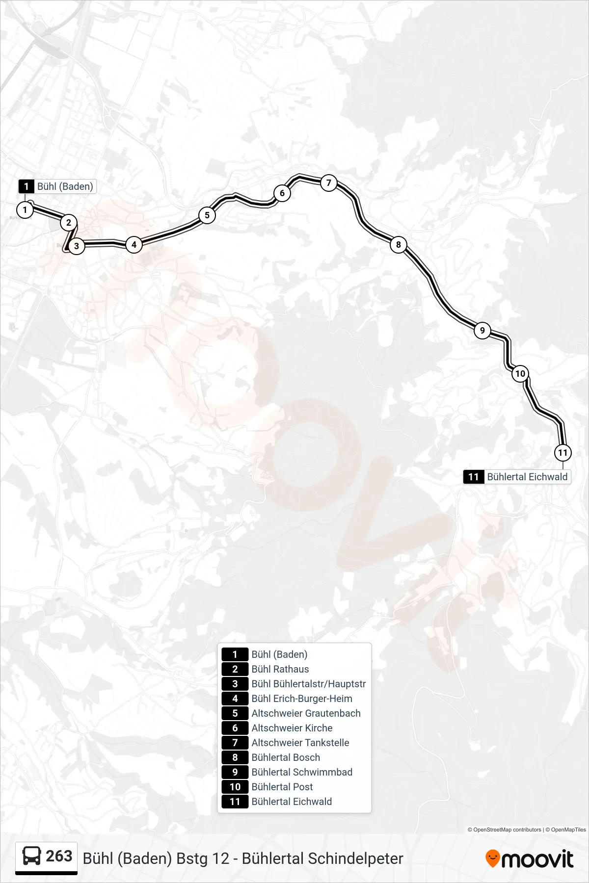 263 tram Line (Bühlertal Eichwald) route and stops on a map