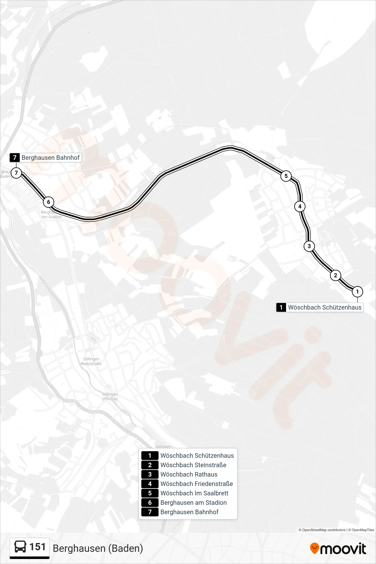 Linie 151 (Bus) Richtung Berghausen (Baden): Route und Haltestellen auf der Karte