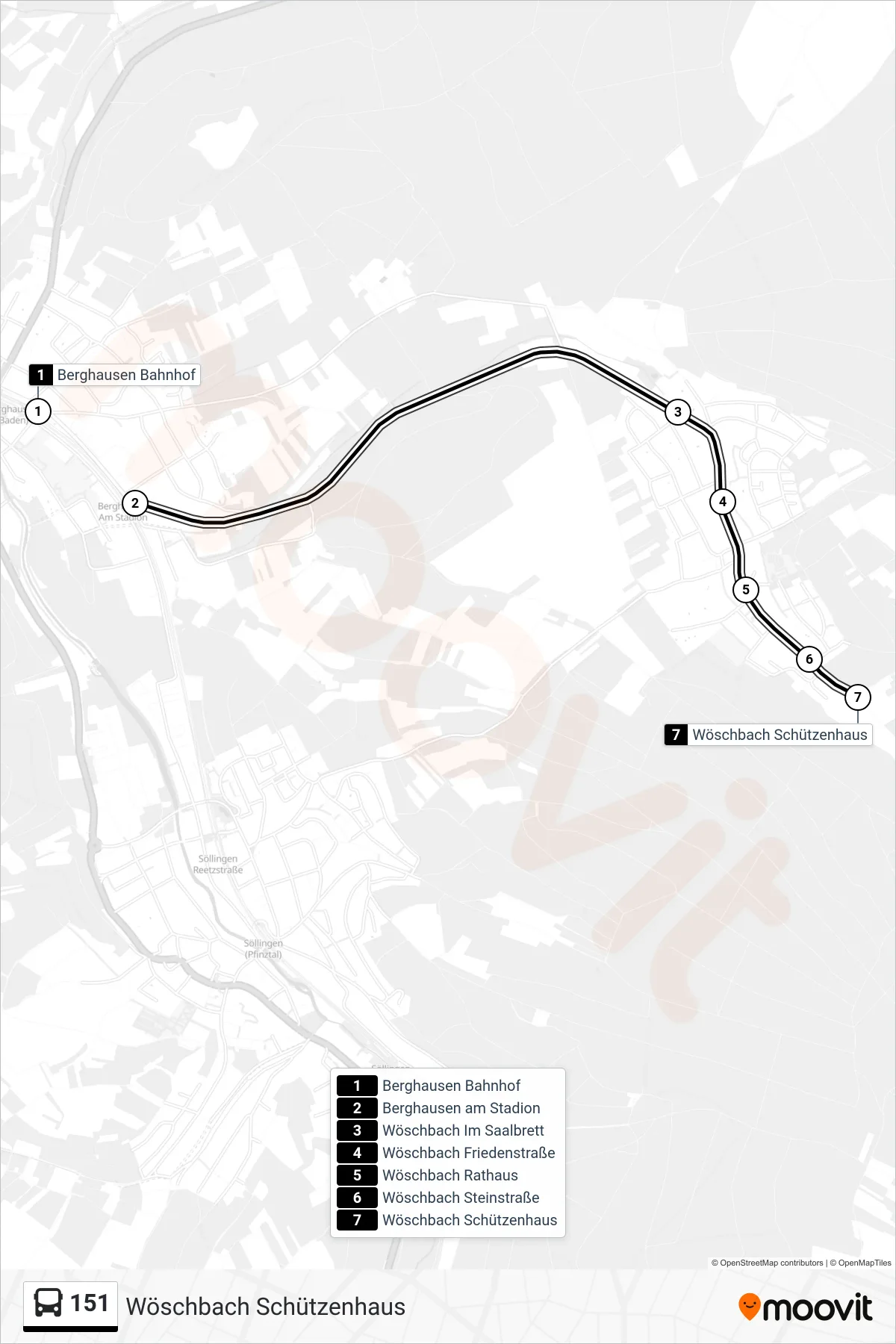 151 bus Line (Wöschbach Schützenhaus) route and stops on a map