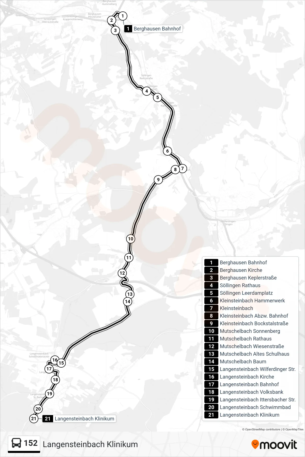 152 bus Line (Langensteinbach Klinikum) route and stops on a map
