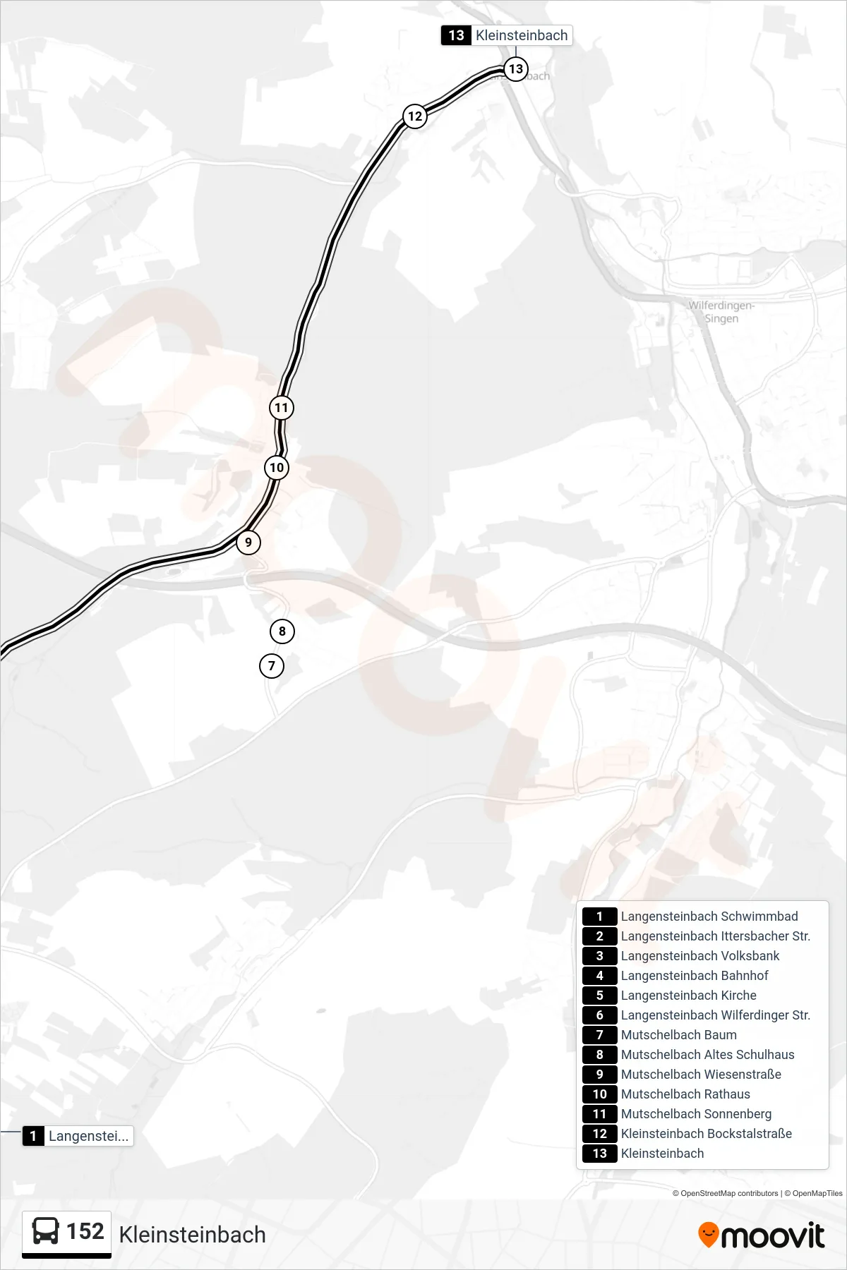 152 bus Line (Kleinsteinbach) route and stops on a map