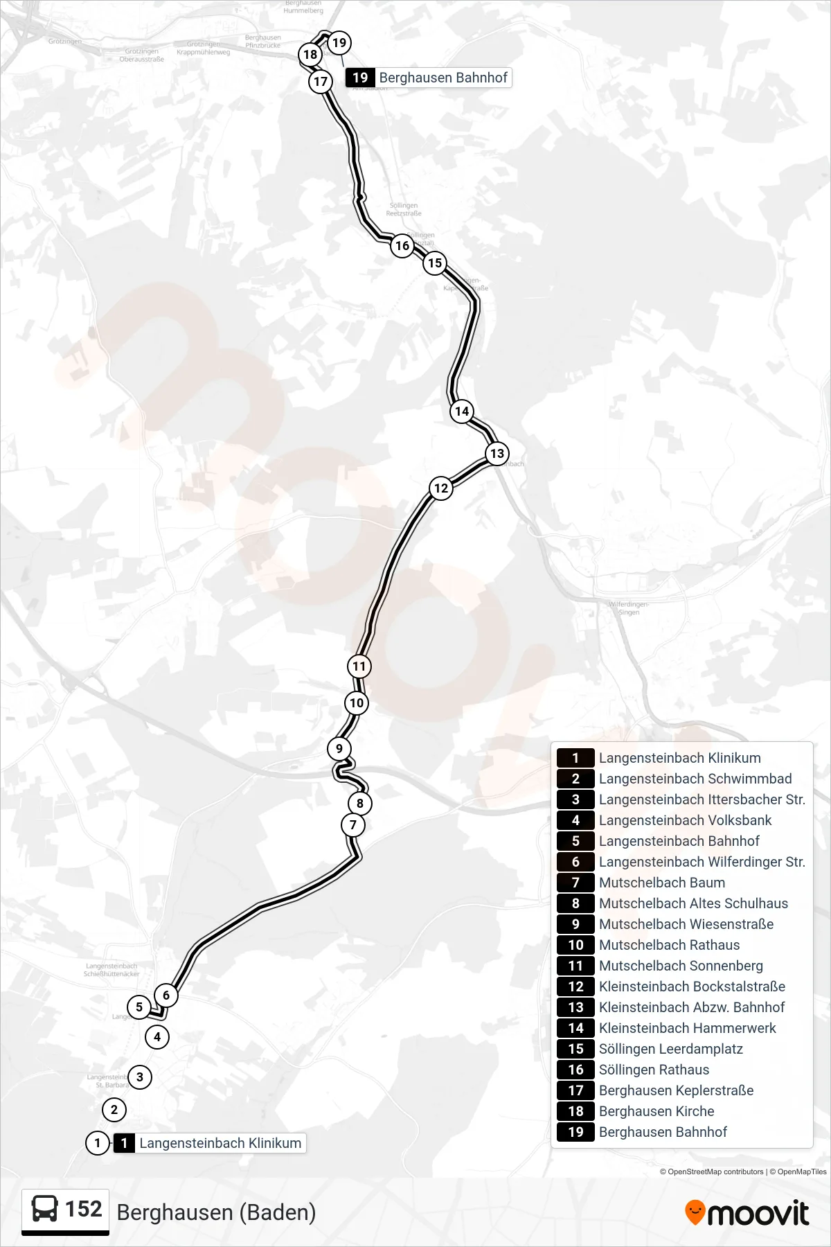 152 bus Line (Berghausen (Baden)) route and stops on a map