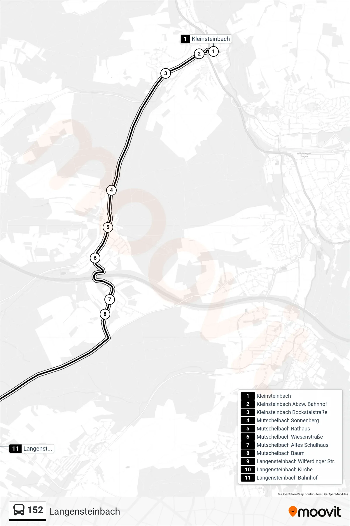 152 bus Line (Langensteinbach) route and stops on a map