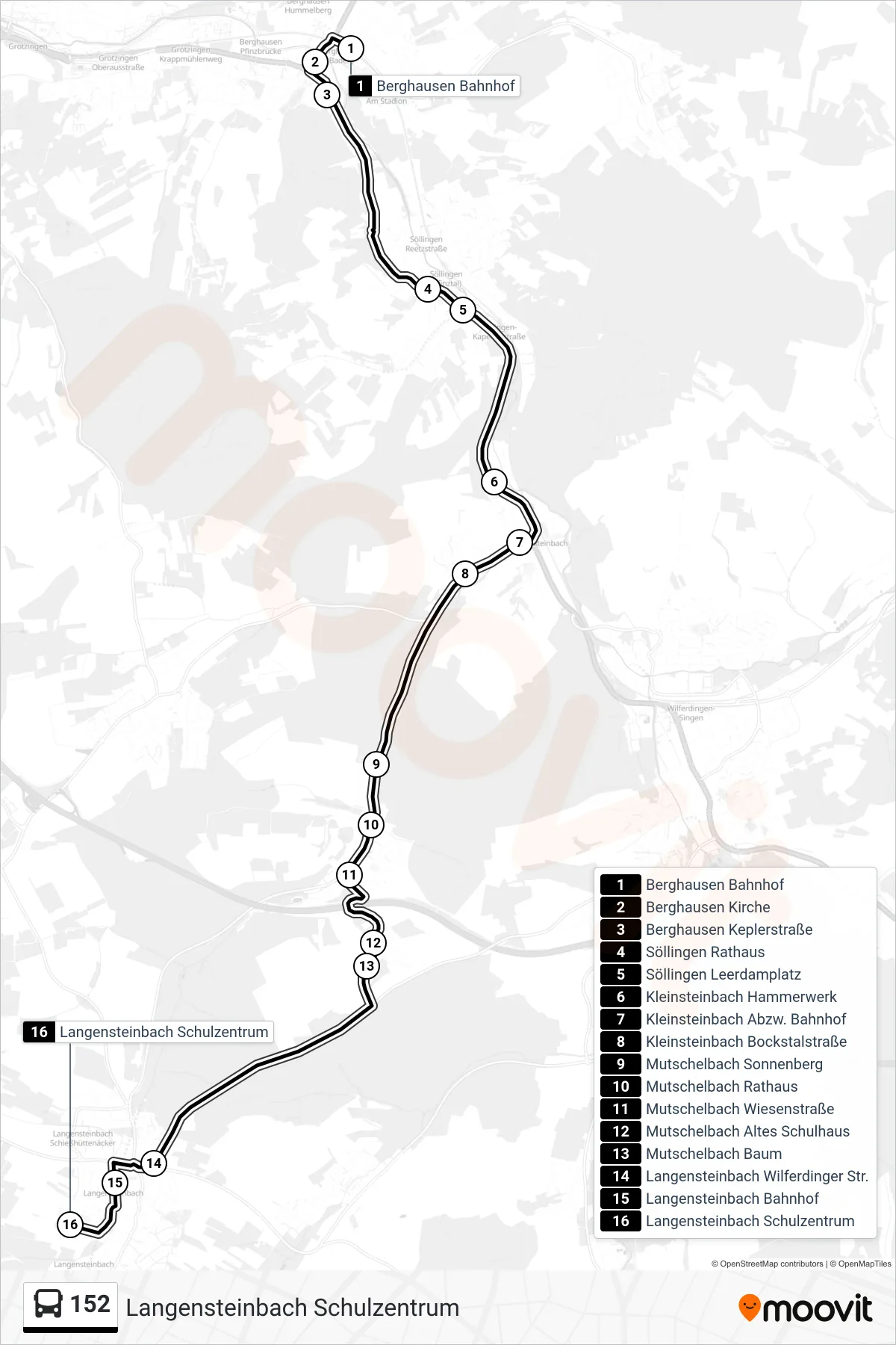 152 bus Line (Langensteinbach Schulzentrum) route and stops on a map