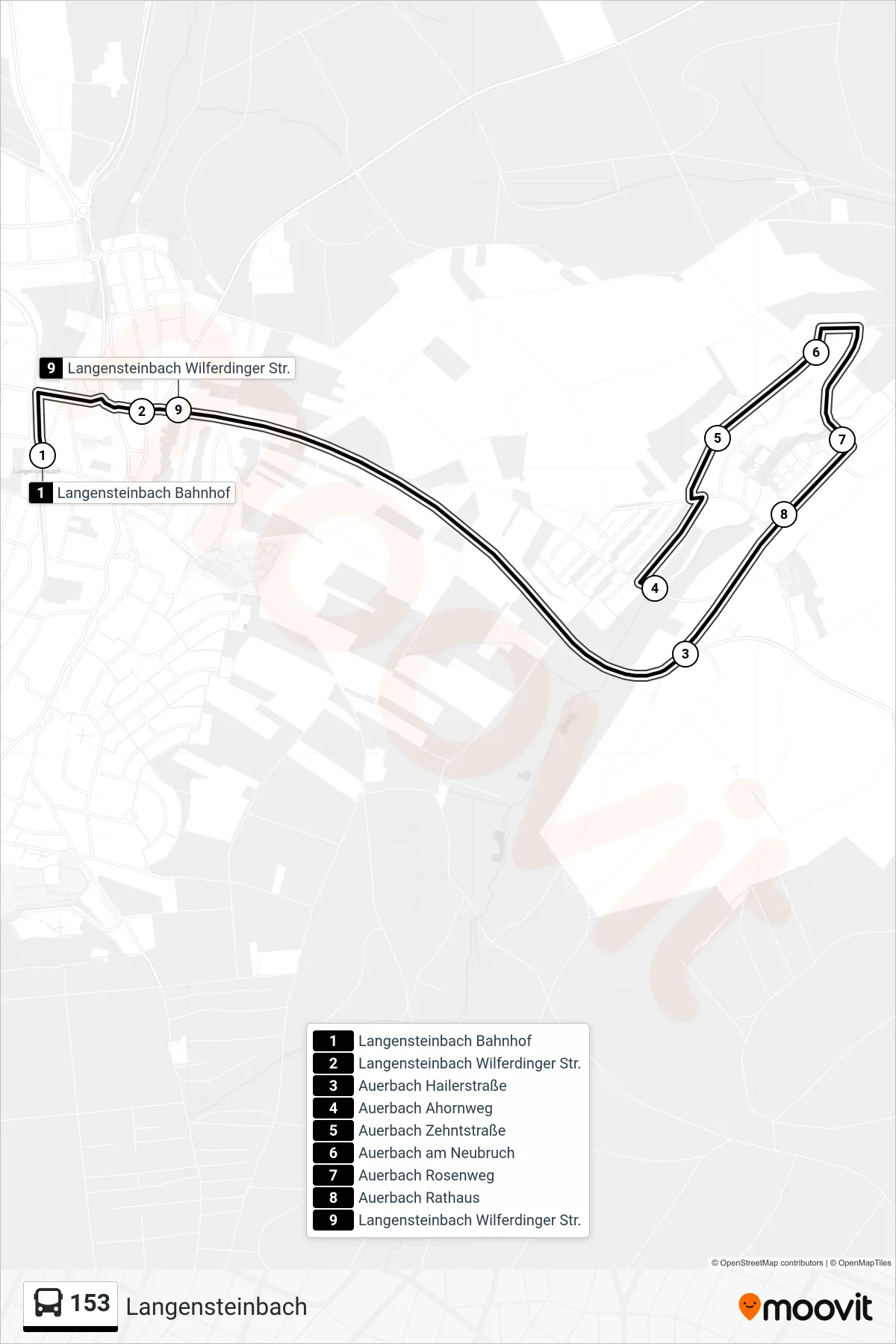 153 bus Line (Langensteinbach) route and stops on a map
