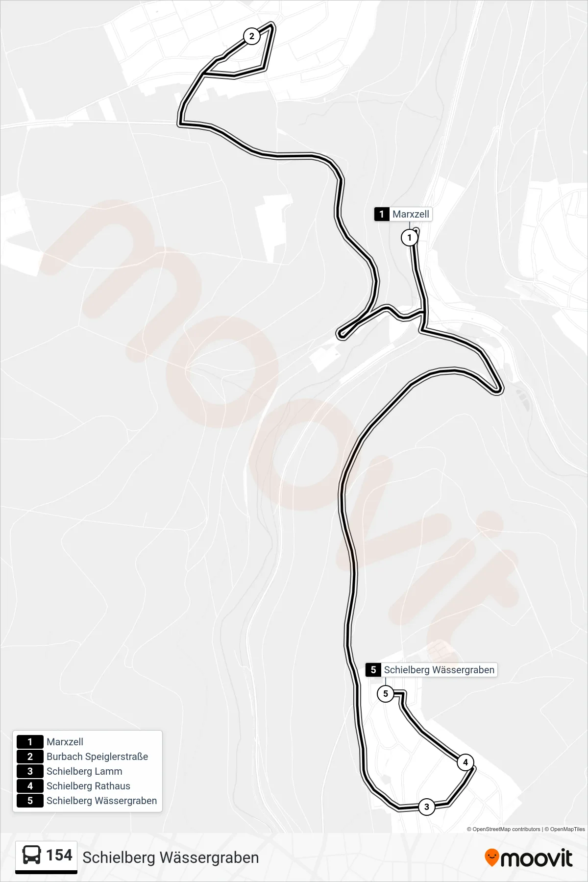 Linie 154 (Bus) Richtung Schielberg Wässergraben: Route und Haltestellen auf der Karte