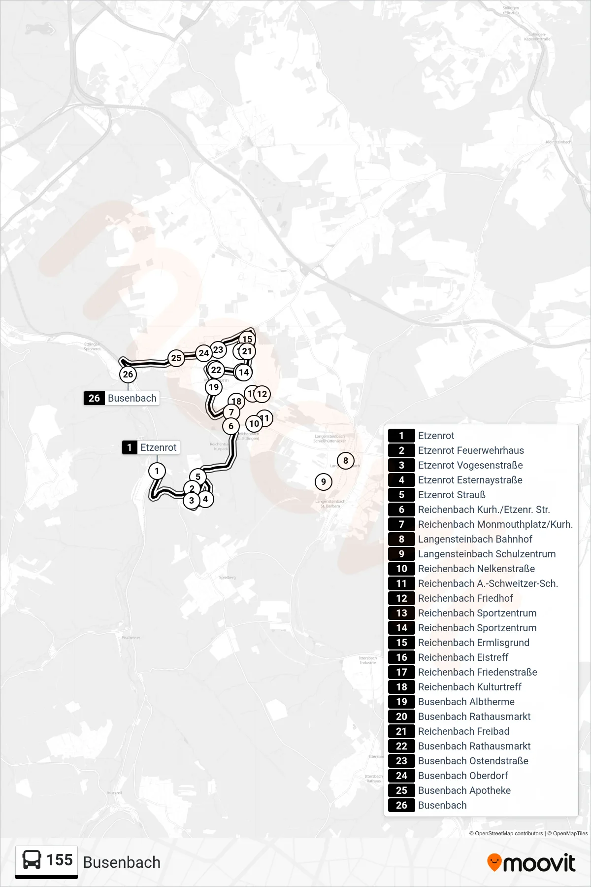 155 bus Line (Busenbach) route and stops on a map
