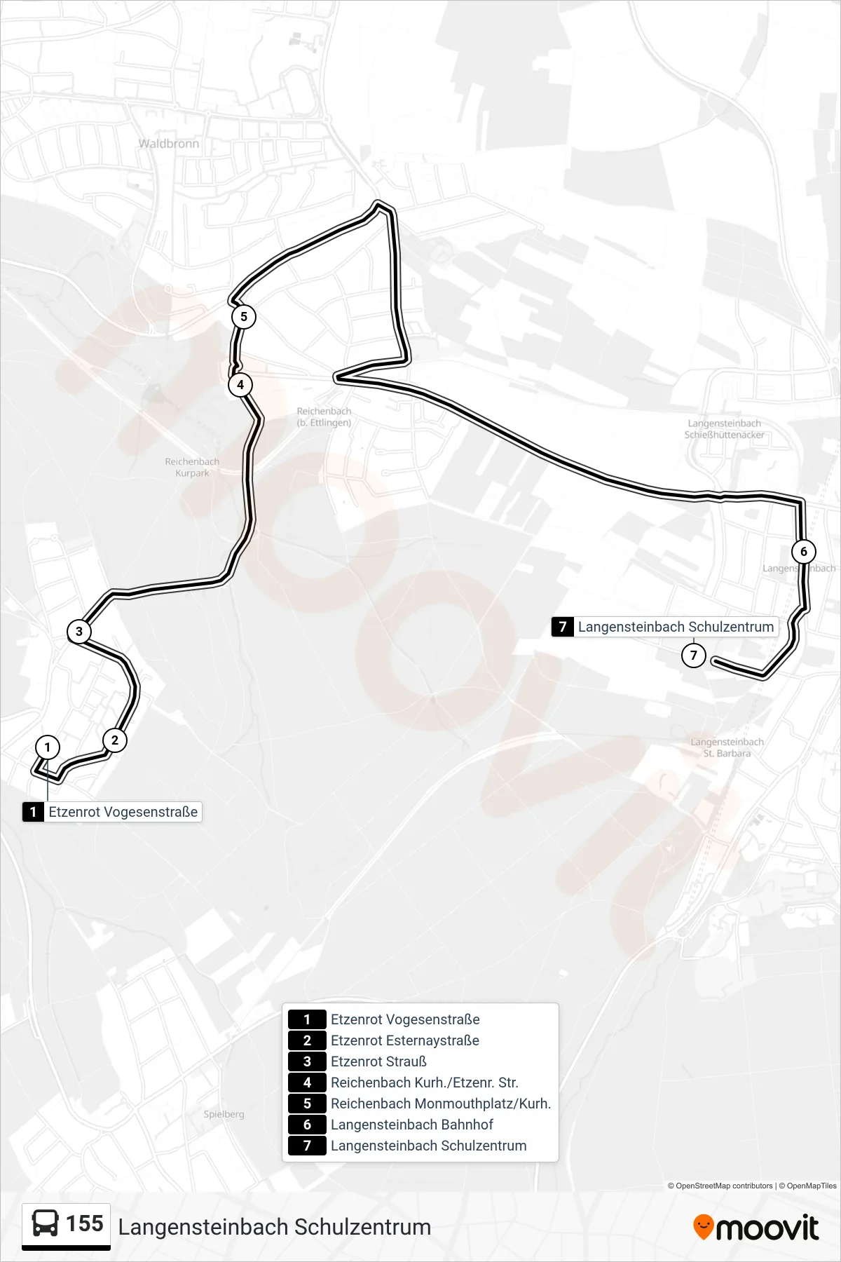 155 bus Line (Langensteinbach Schulzentrum) route and stops on a map