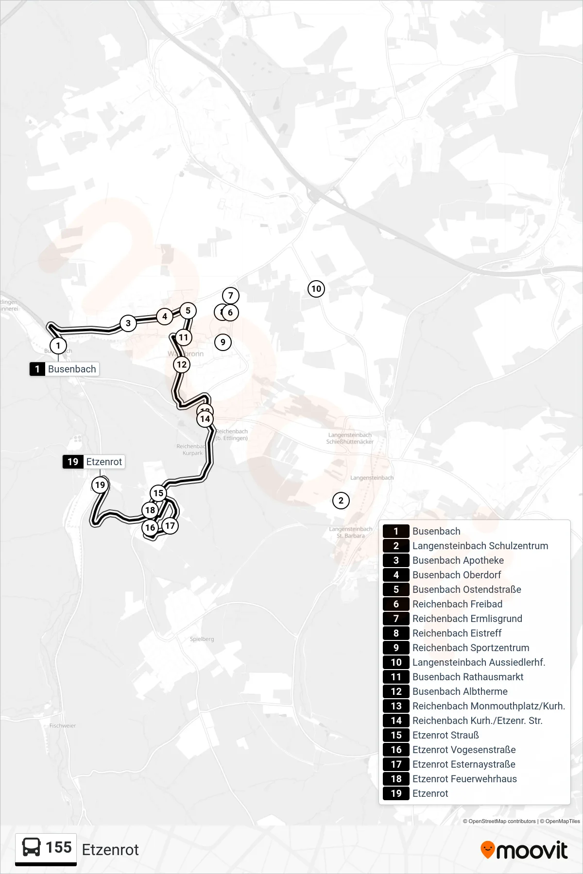 155 bus Line (Etzenrot) route and stops on a map