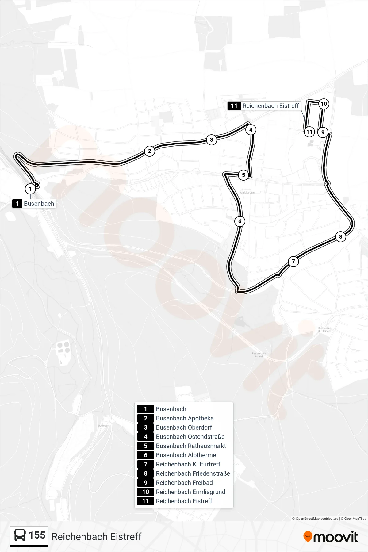 155 bus Line (Reichenbach Eistreff) route and stops on a map