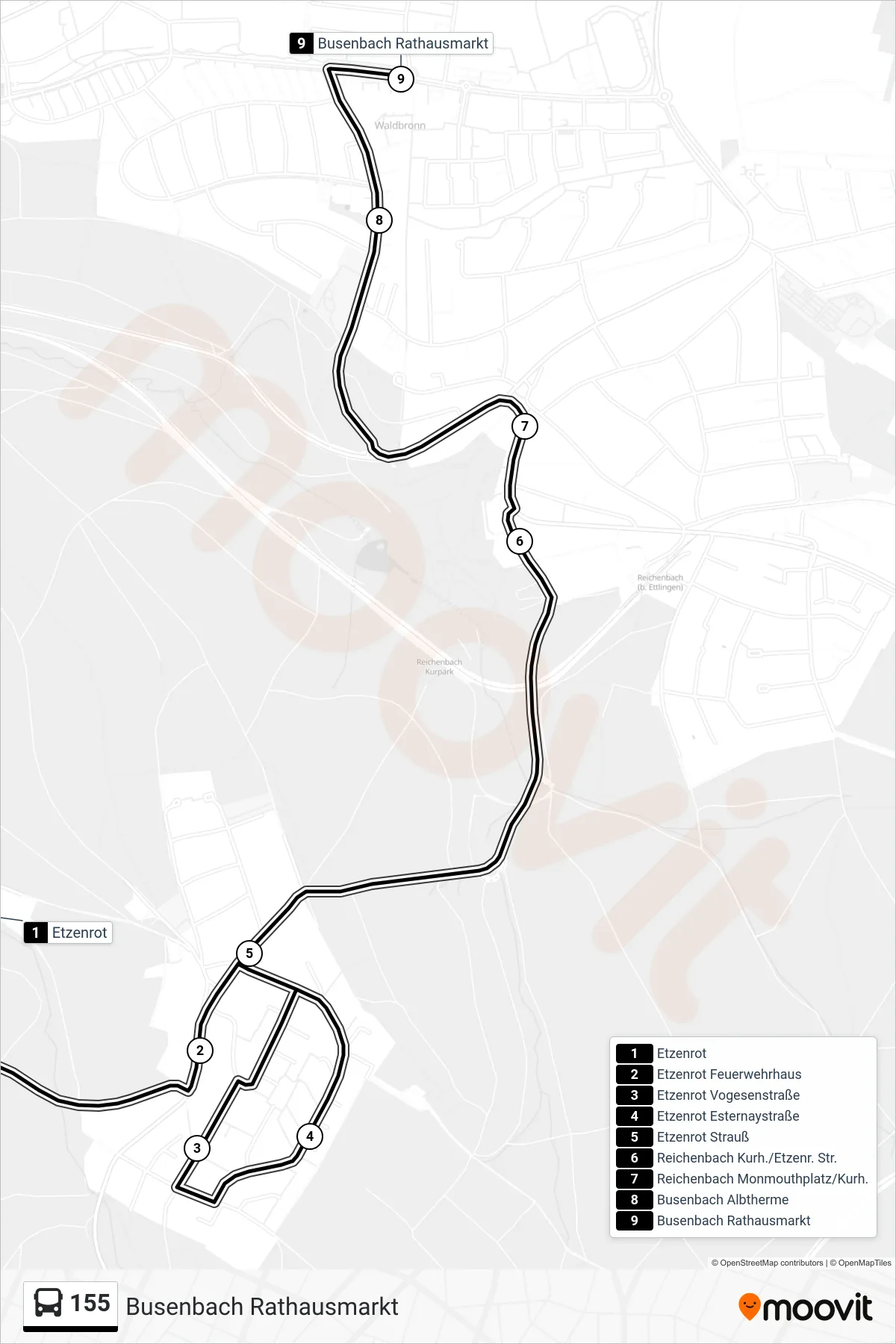 Linie 155 (Bus) Richtung Busenbach Rathausmarkt: Route und Haltestellen auf der Karte