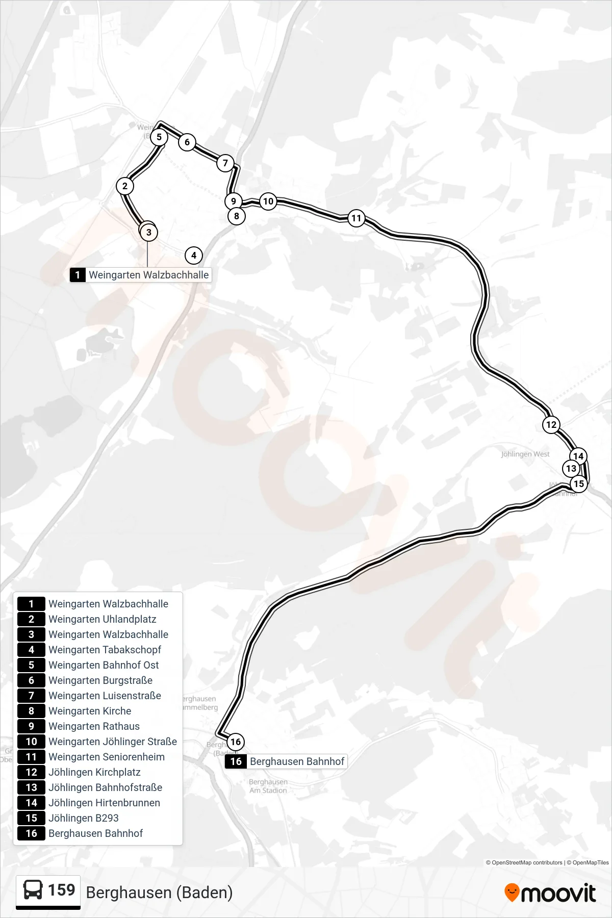 159 bus Line (Berghausen (Baden)) route and stops on a map