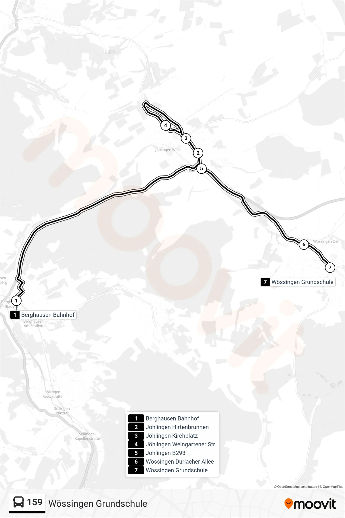 159 bus Line (Wössingen Grundschule) route and stops on a map