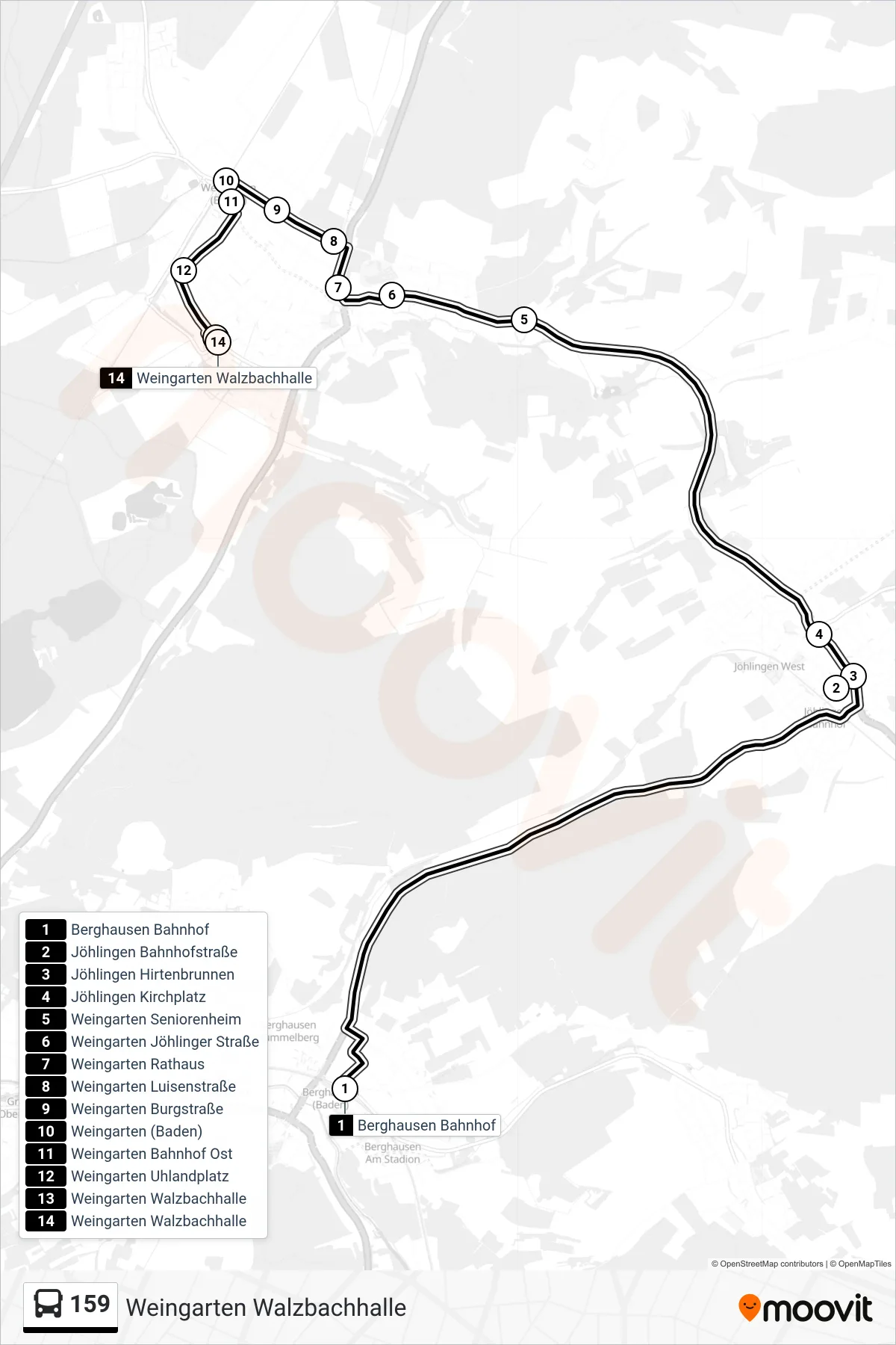 Linie 159 (Bus) Richtung Weingarten Walzbachhalle: Route und Haltestellen auf der Karte