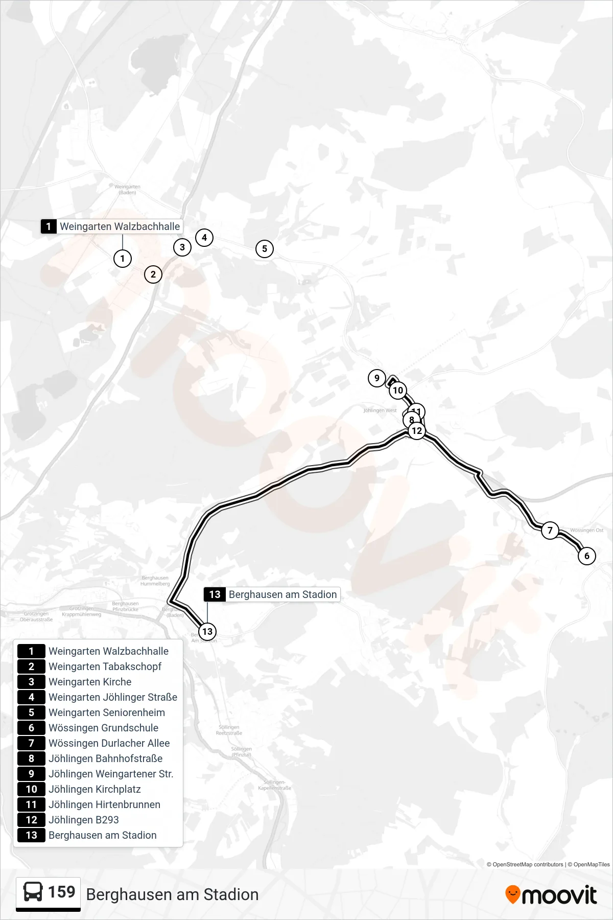 159 bus Line (Berghausen am Stadion) route and stops on a map