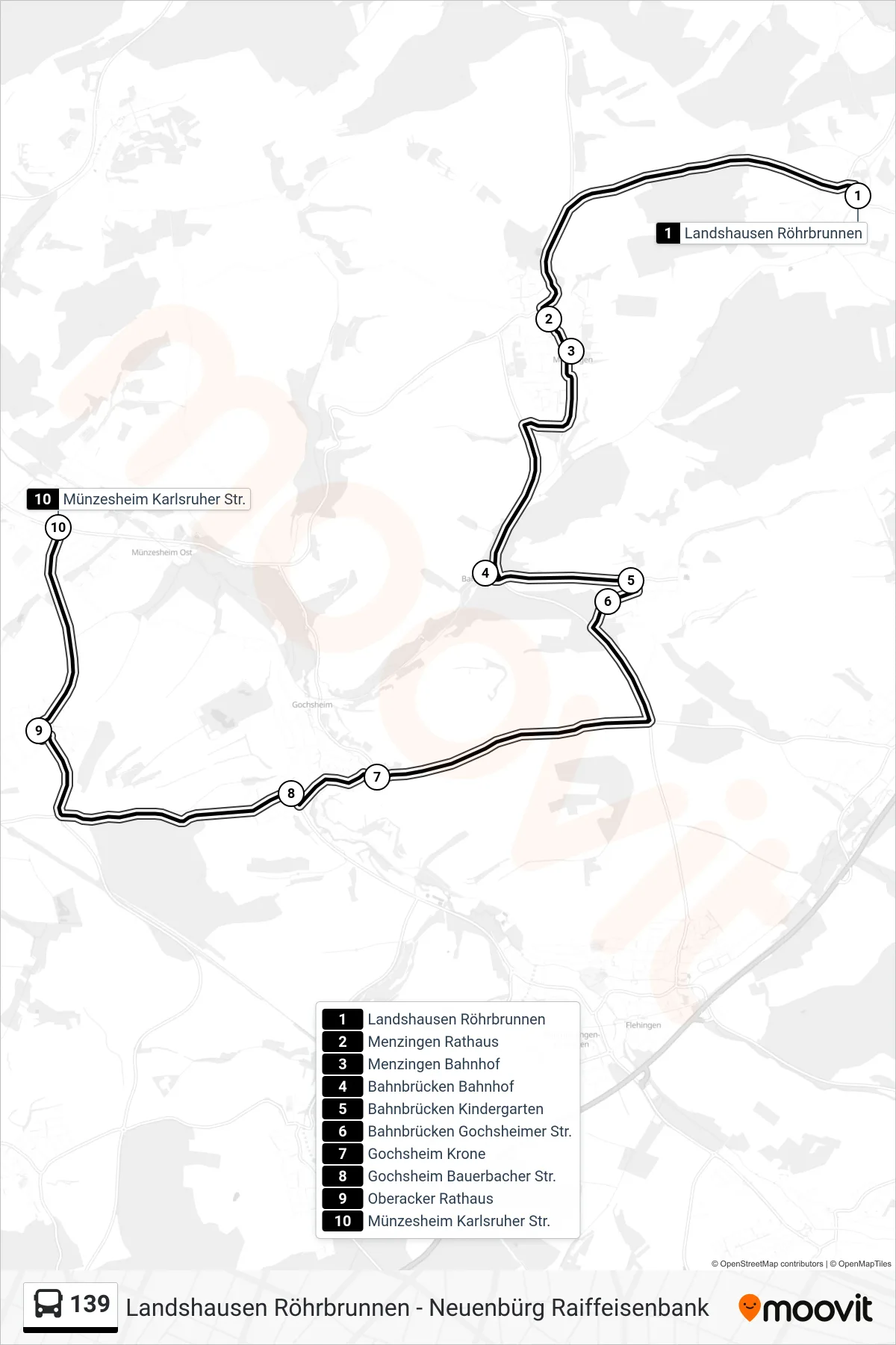 139 bus Line (Münzesheim Karlsruher Str.) route and stops on a map
