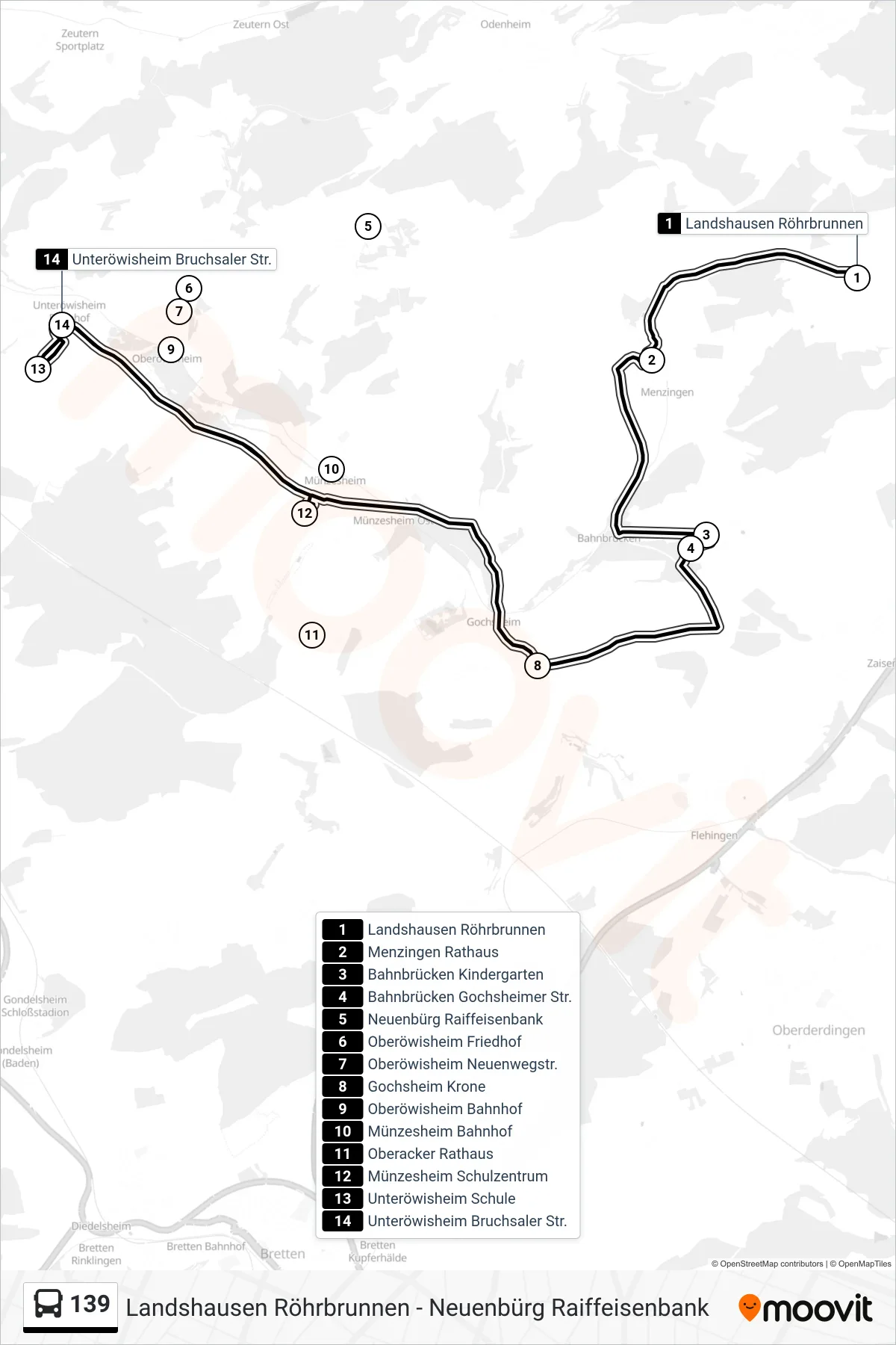 139 bus Line (Münzesheim Schulzentrum) route and stops on a map