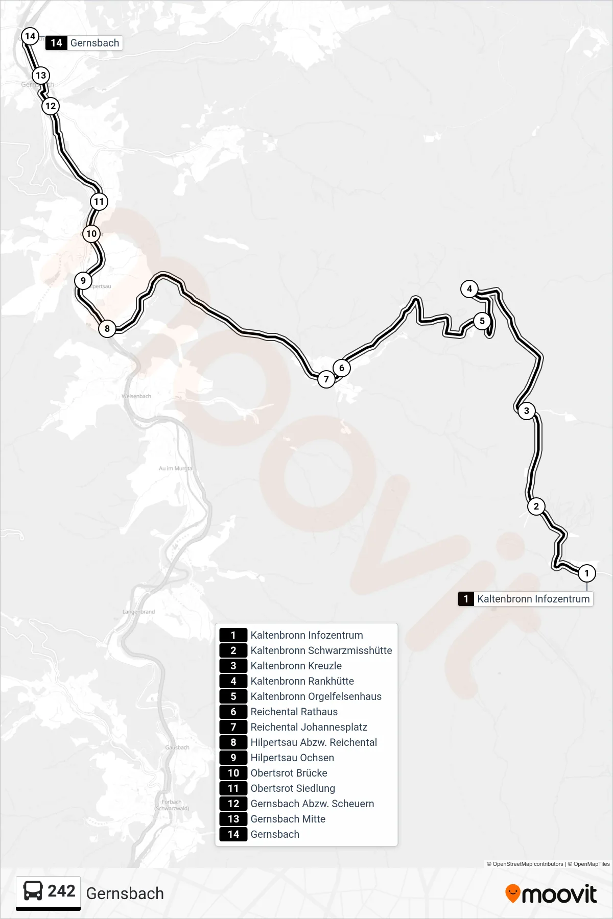 242 bus Line (Gernsbach) route and stops on a map