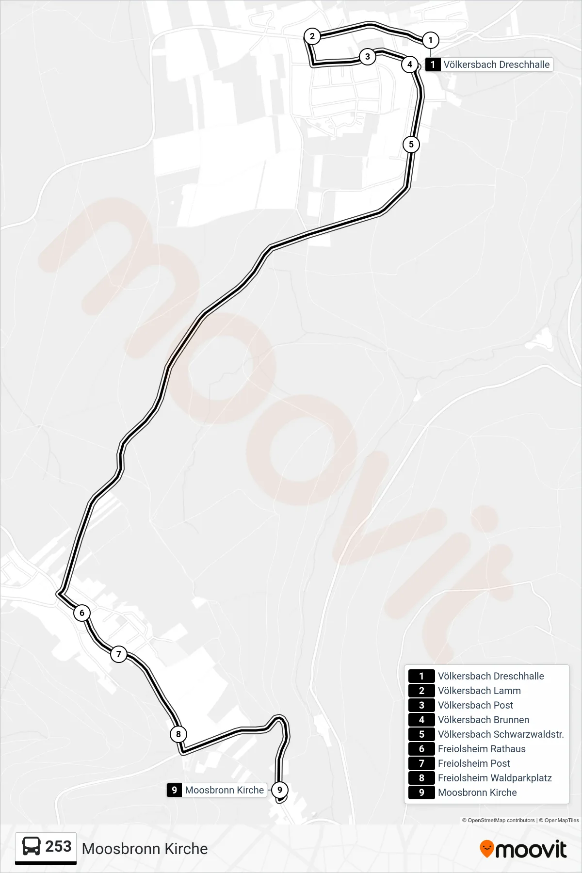 253 bus Line (Moosbronn Kirche) route and stops on a map