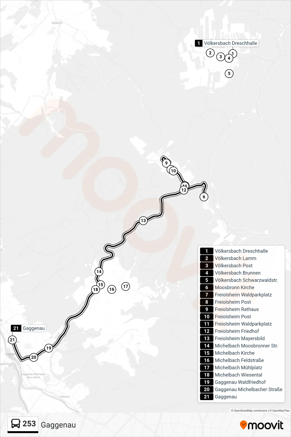 Linie 253 (Bus) Richtung Gaggenau: Route und Haltestellen auf der Karte