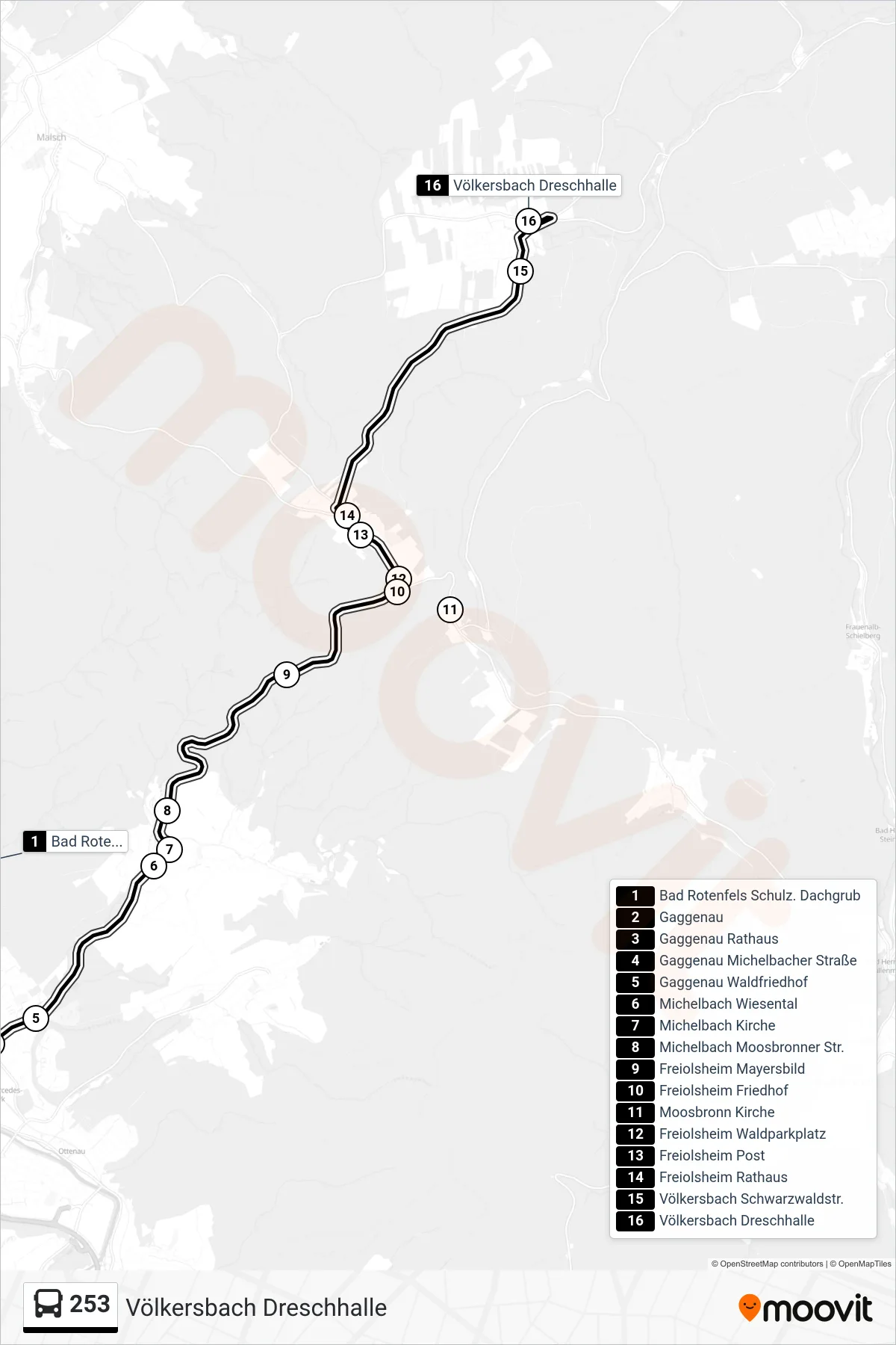 253 bus Line (Völkersbach Dreschhalle) route and stops on a map