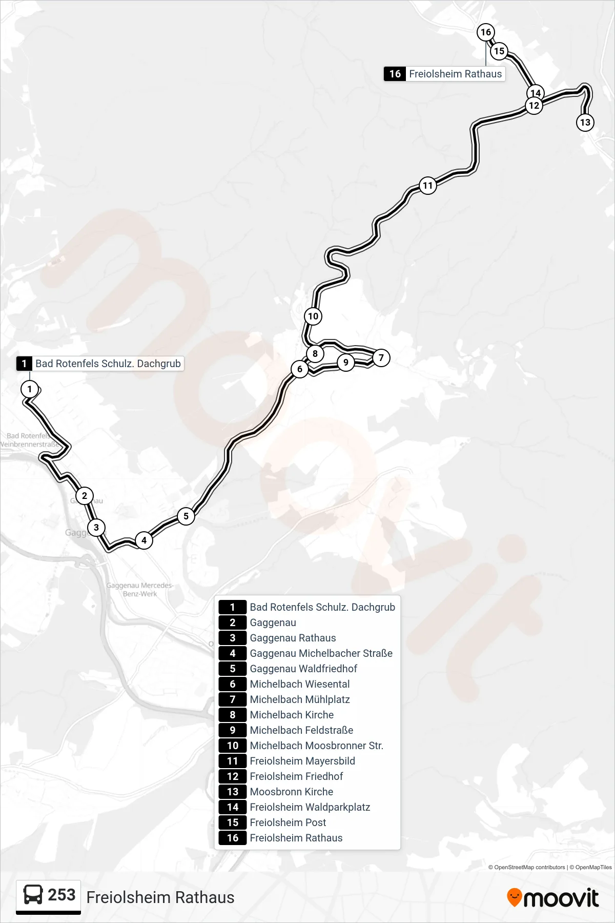 253 bus Line (Freiolsheim Rathaus) route and stops on a map
