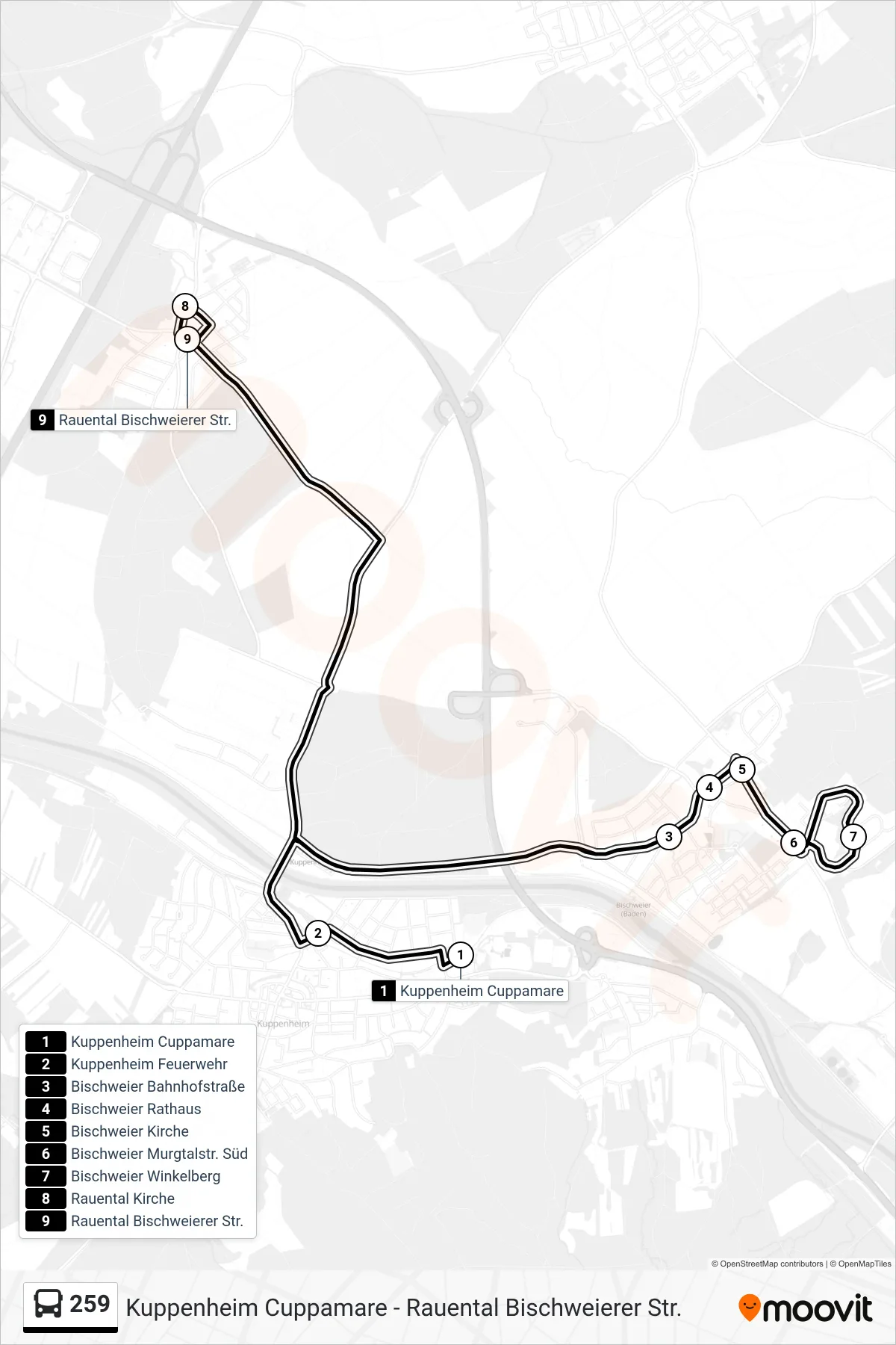 259 bus Line (Rauental Bischweierer Str.) route and stops on a map