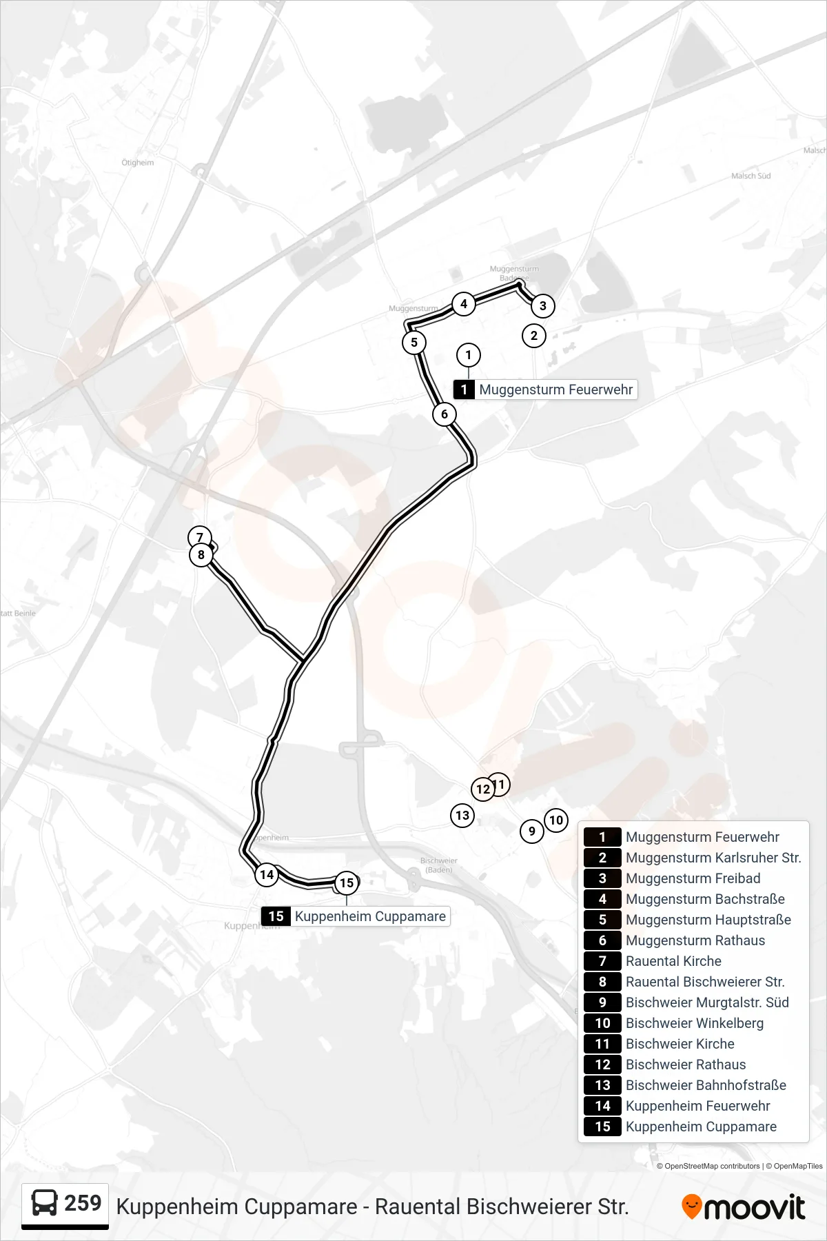 259 bus Line (Kuppenheim Cuppamare) route and stops on a map