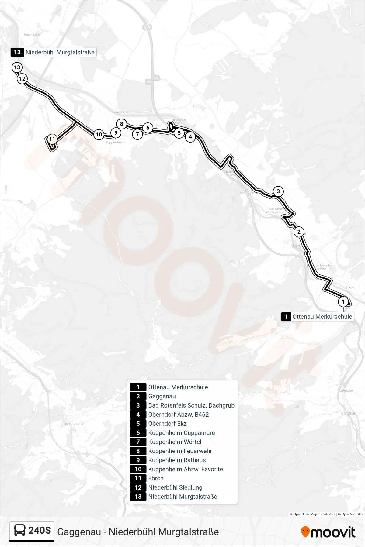 240S bus Line (Niederbühl Murgtalstraße) route and stops on a map