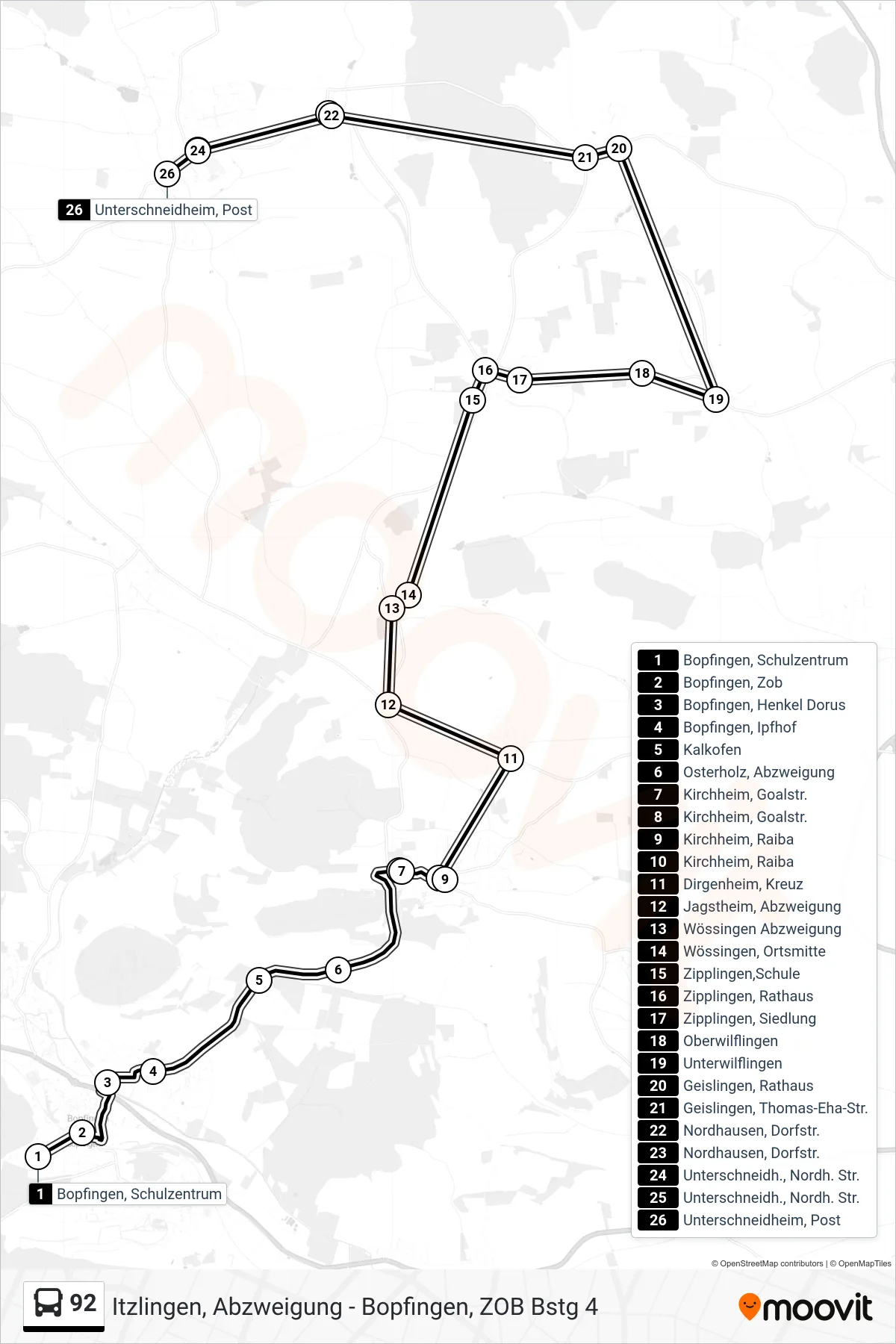 Linie 92 (Bus) Richtung Unterschneidheim, Post: Route und Haltestellen auf der Karte