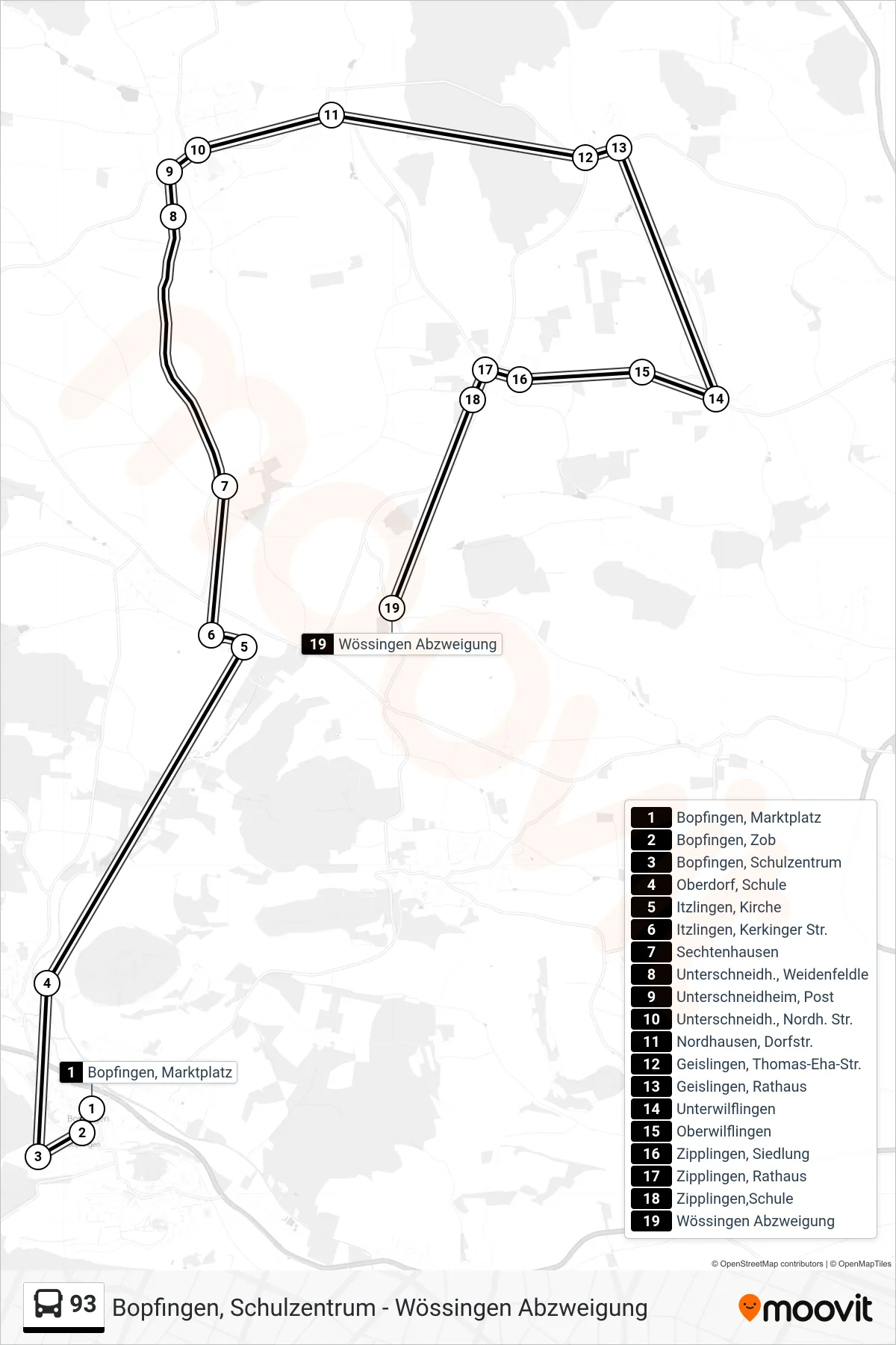 Linie 93 (Bus) Richtung Wössingen Abzweigung: Route und Haltestellen auf der Karte