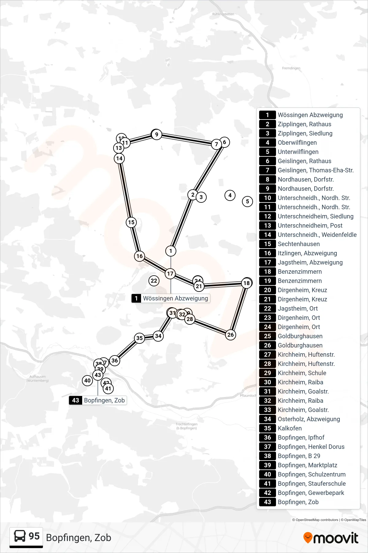 Linie 95 (Bus) Richtung Bopfingen, Zob: Route und Haltestellen auf der Karte