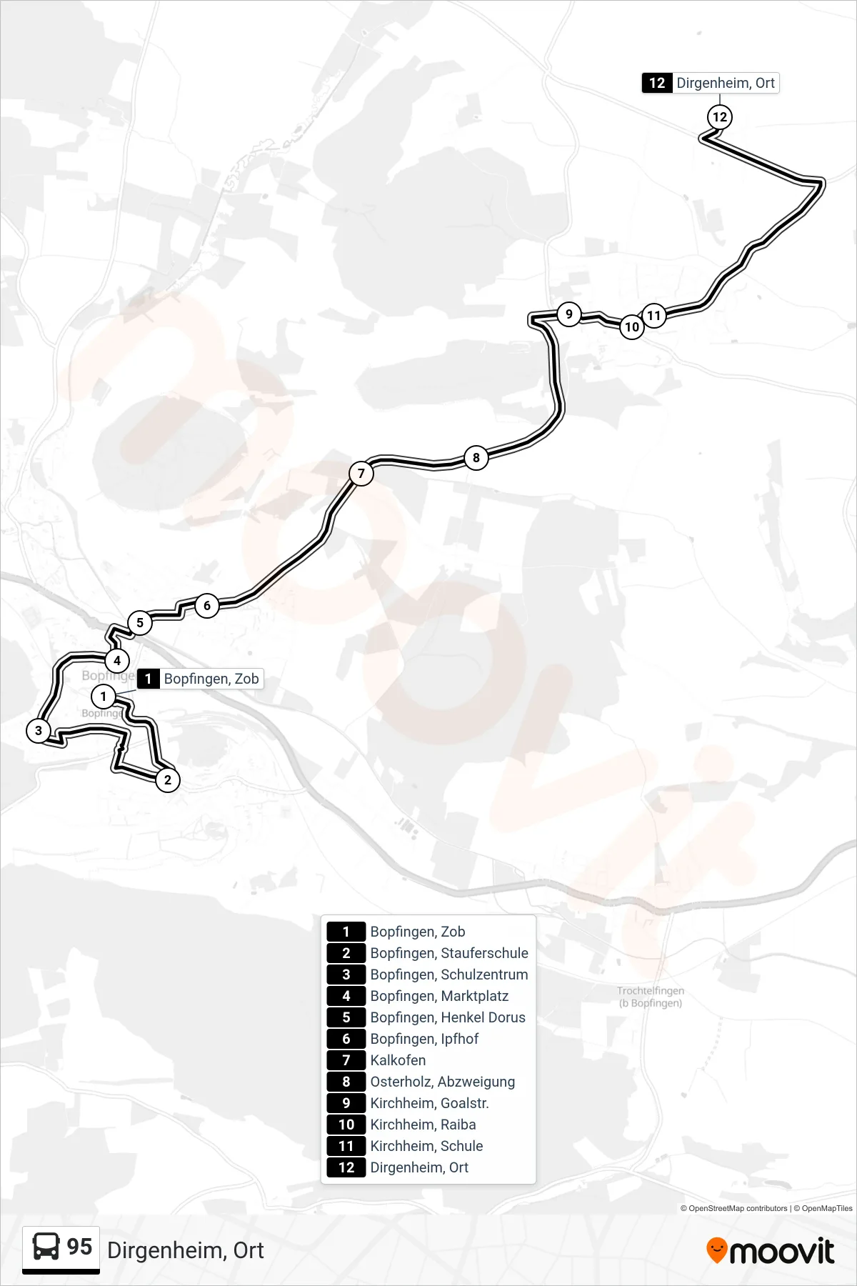 95 bus Line (Dirgenheim, Ort) route and stops on a map