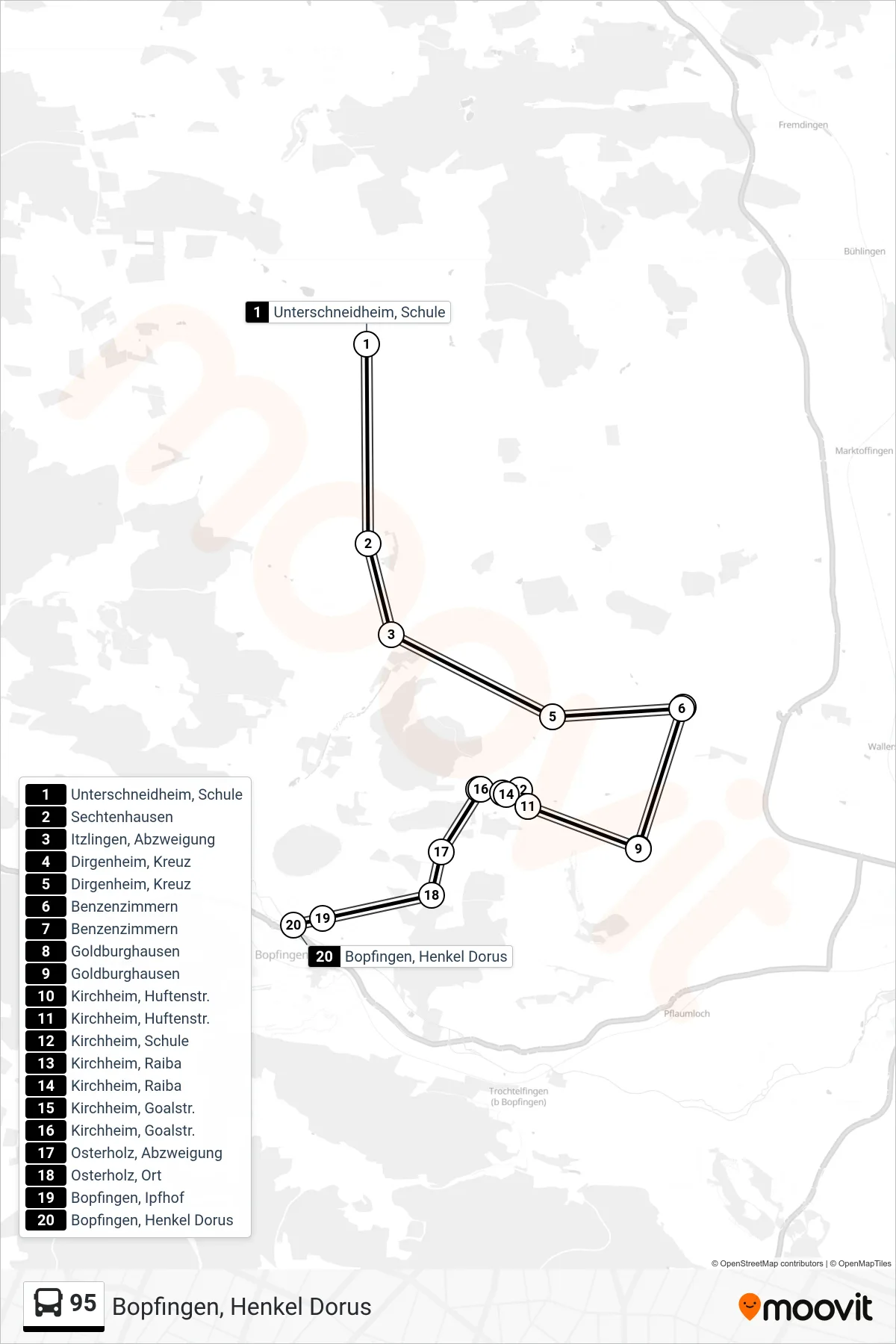 95 bus Line (Bopfingen, Henkel Dorus) route and stops on a map