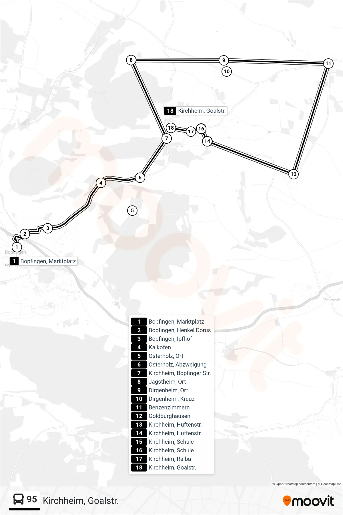 95 bus Line (Kirchheim, Goalstr.) route and stops on a map