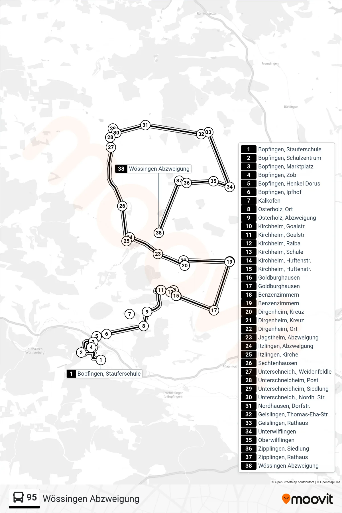 95 bus Line (Wössingen Abzweigung) route and stops on a map