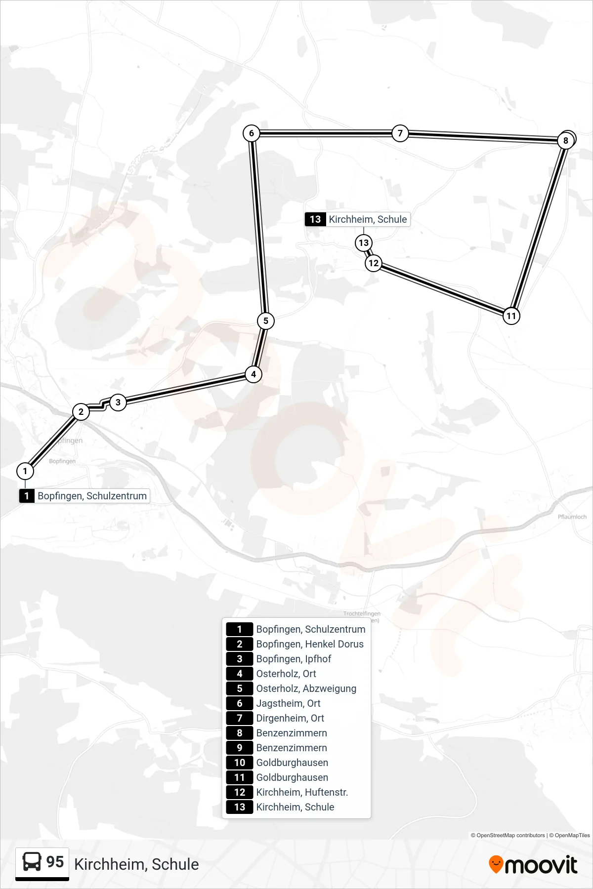95 bus Line (Kirchheim, Schule) route and stops on a map