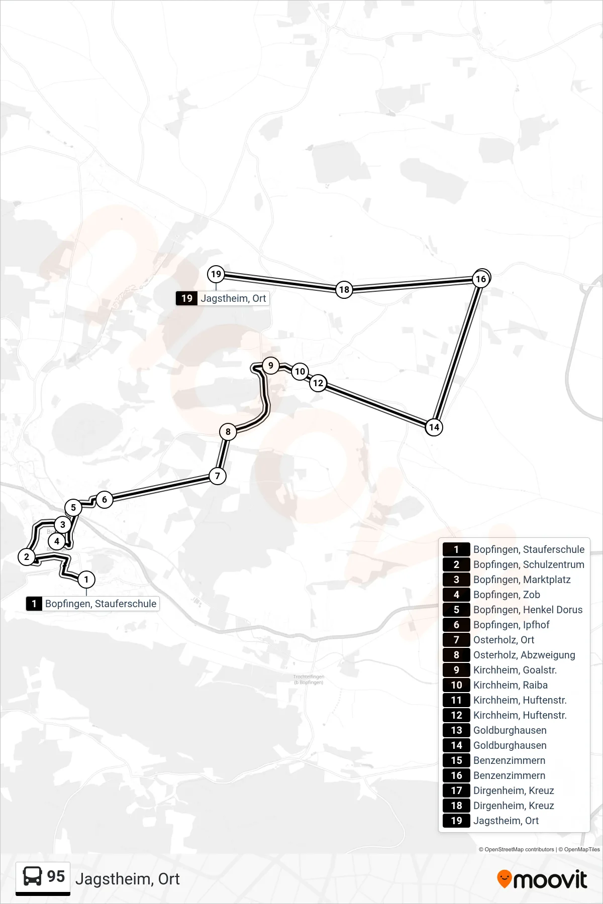95 bus Line (Jagstheim, Ort) route and stops on a map