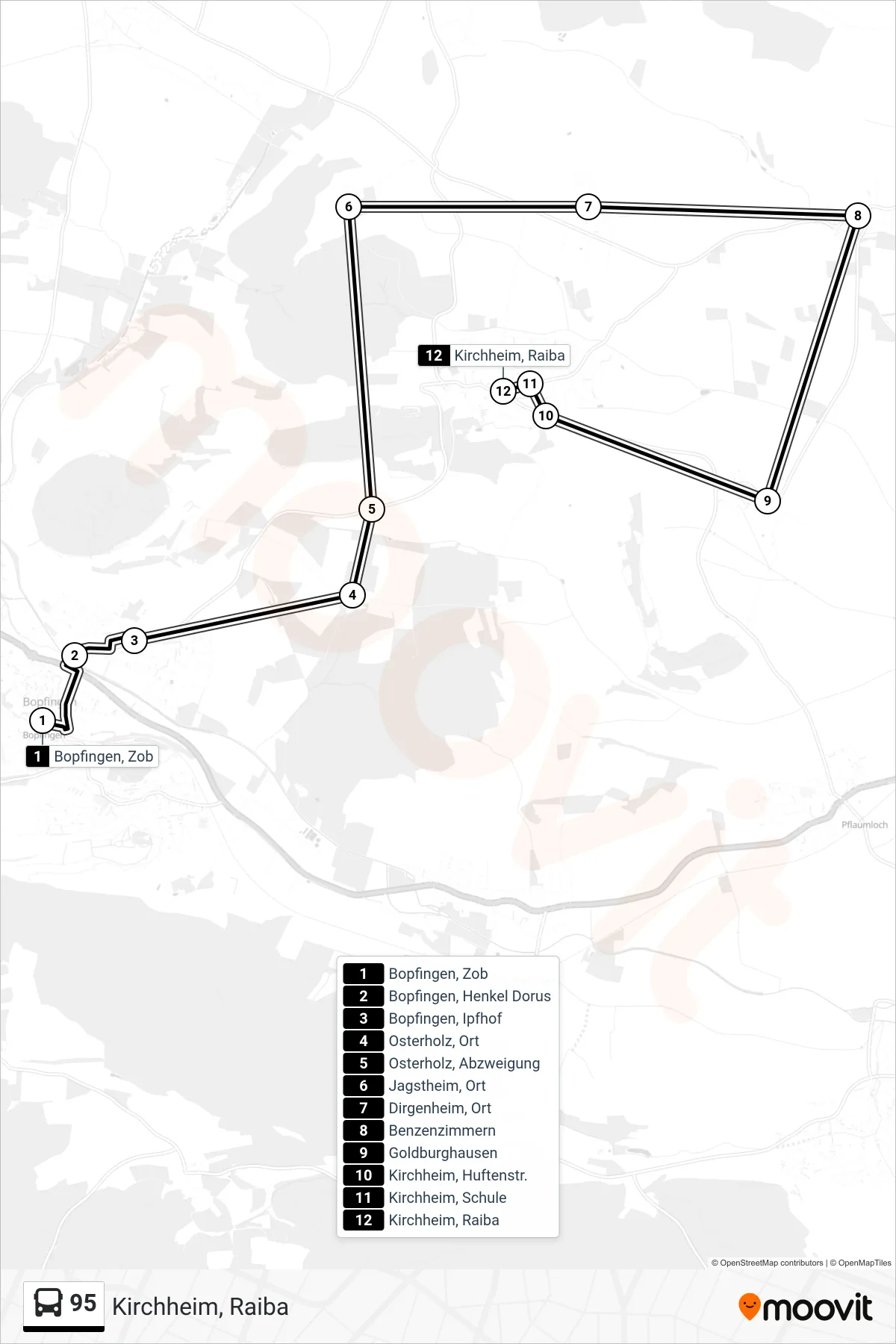 95 bus Line (Kirchheim, Raiba) route and stops on a map