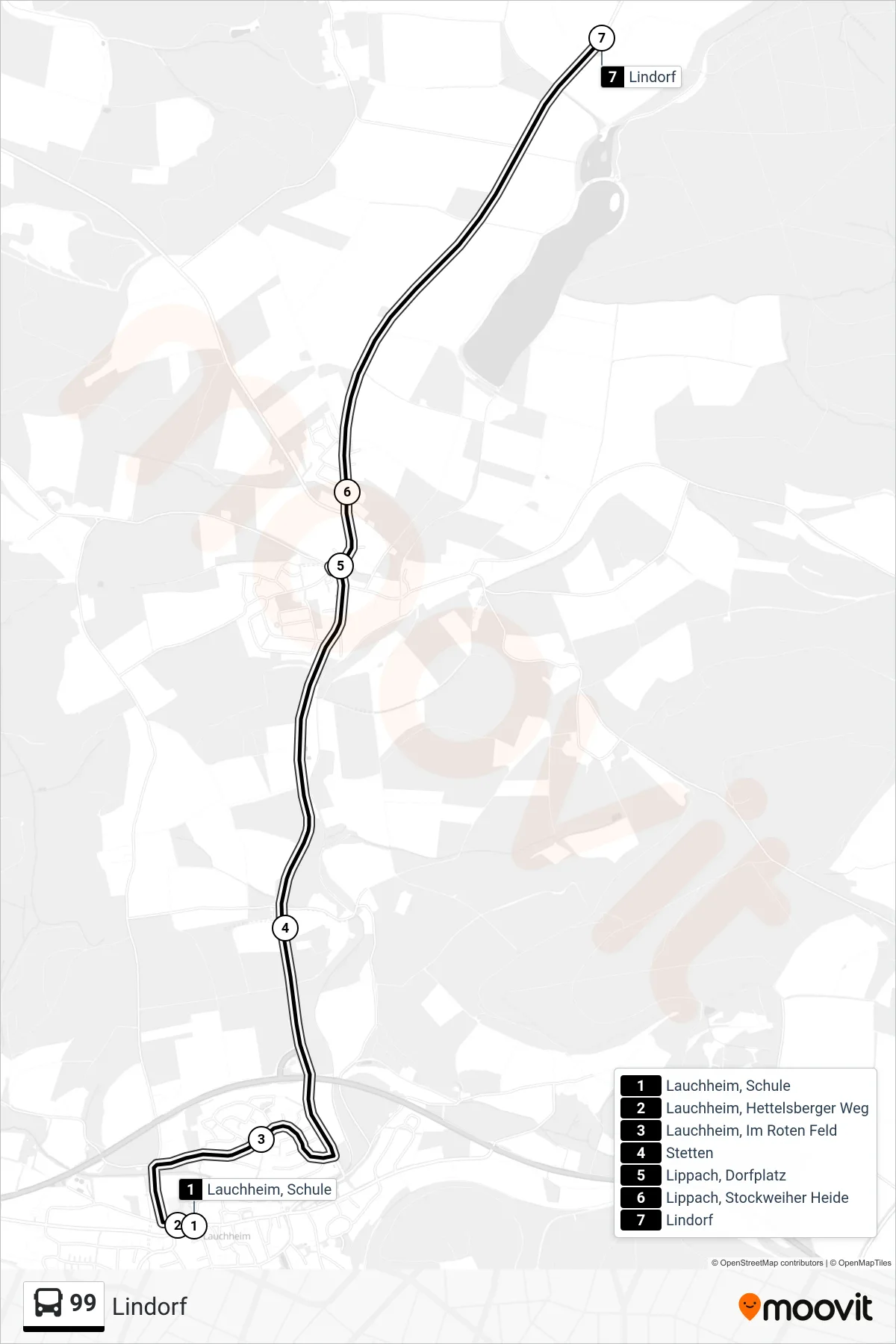 Linie 99 (Bus) Richtung Lindorf: Route und Haltestellen auf der Karte