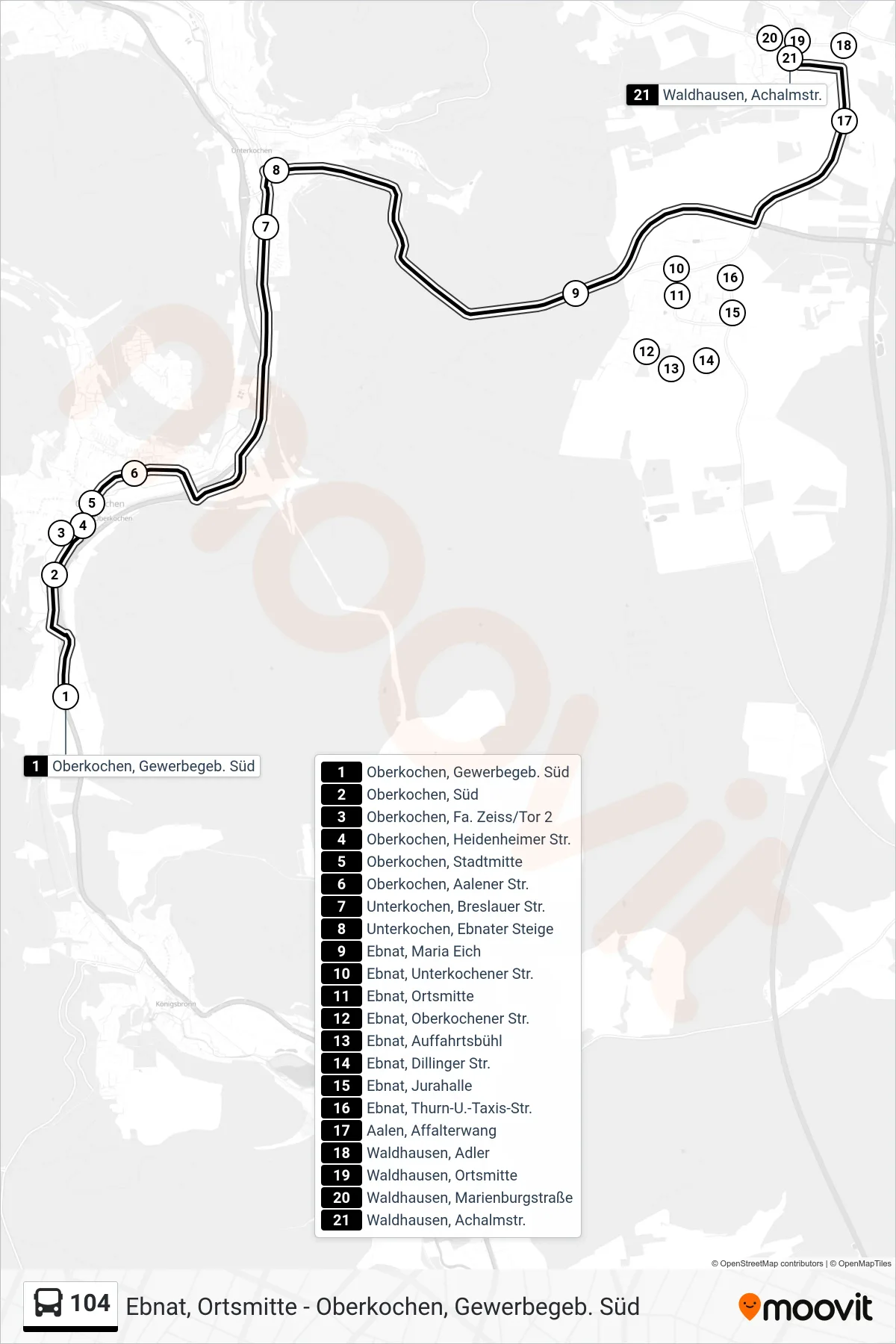 104 bus Line (Waldhausen, Achalmstr.) route and stops on a map