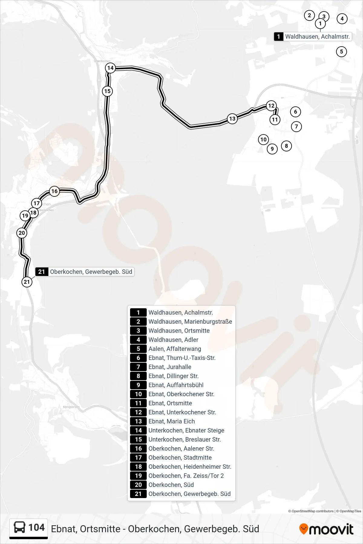 Linie 104 (Bus) Richtung Oberkochen, Gewerbegeb. Süd: Route und Haltestellen auf der Karte