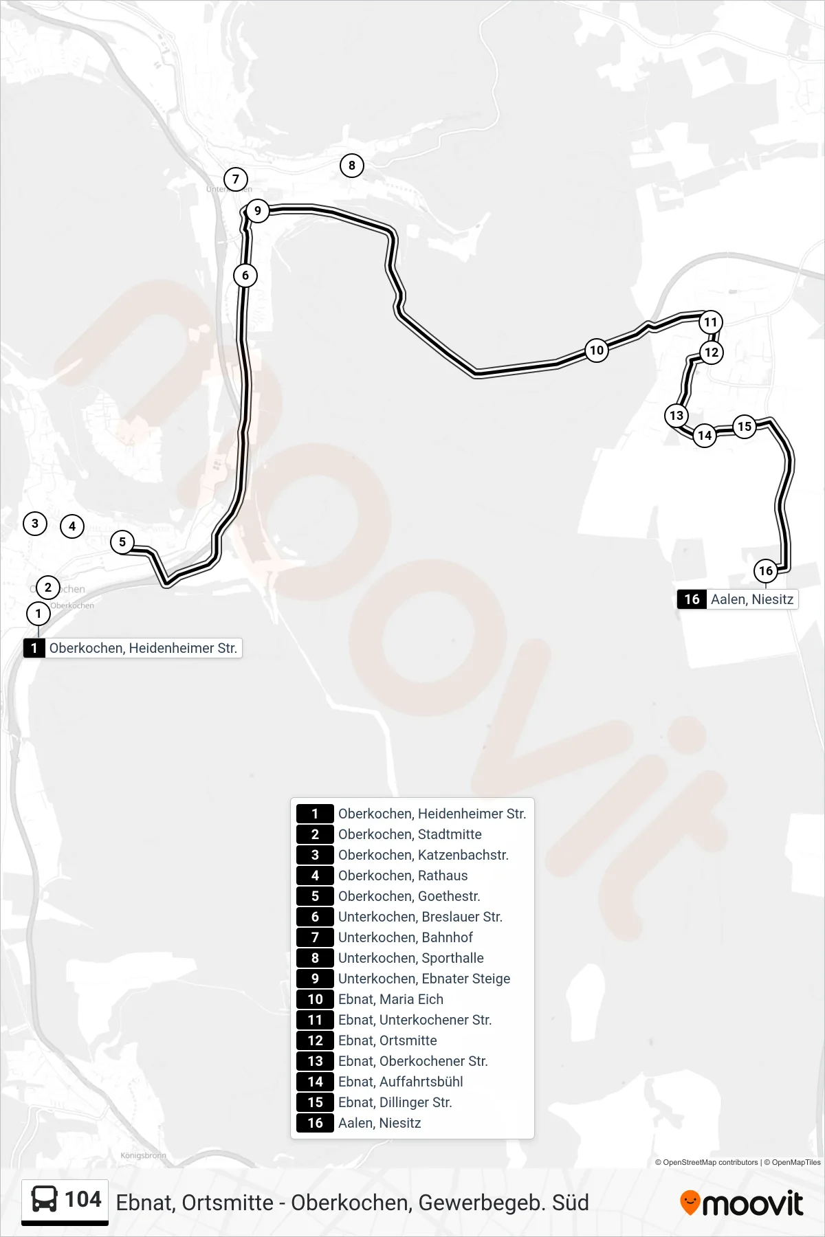 104 bus Line (Aalen, Niesitz) route and stops on a map