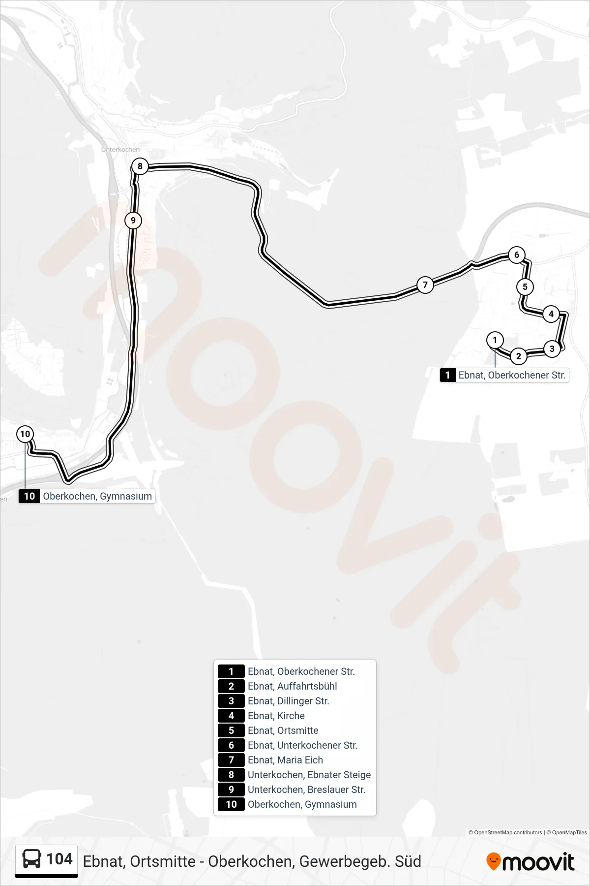 104 bus Line (Oberkochen, Gymnasium) route and stops on a map