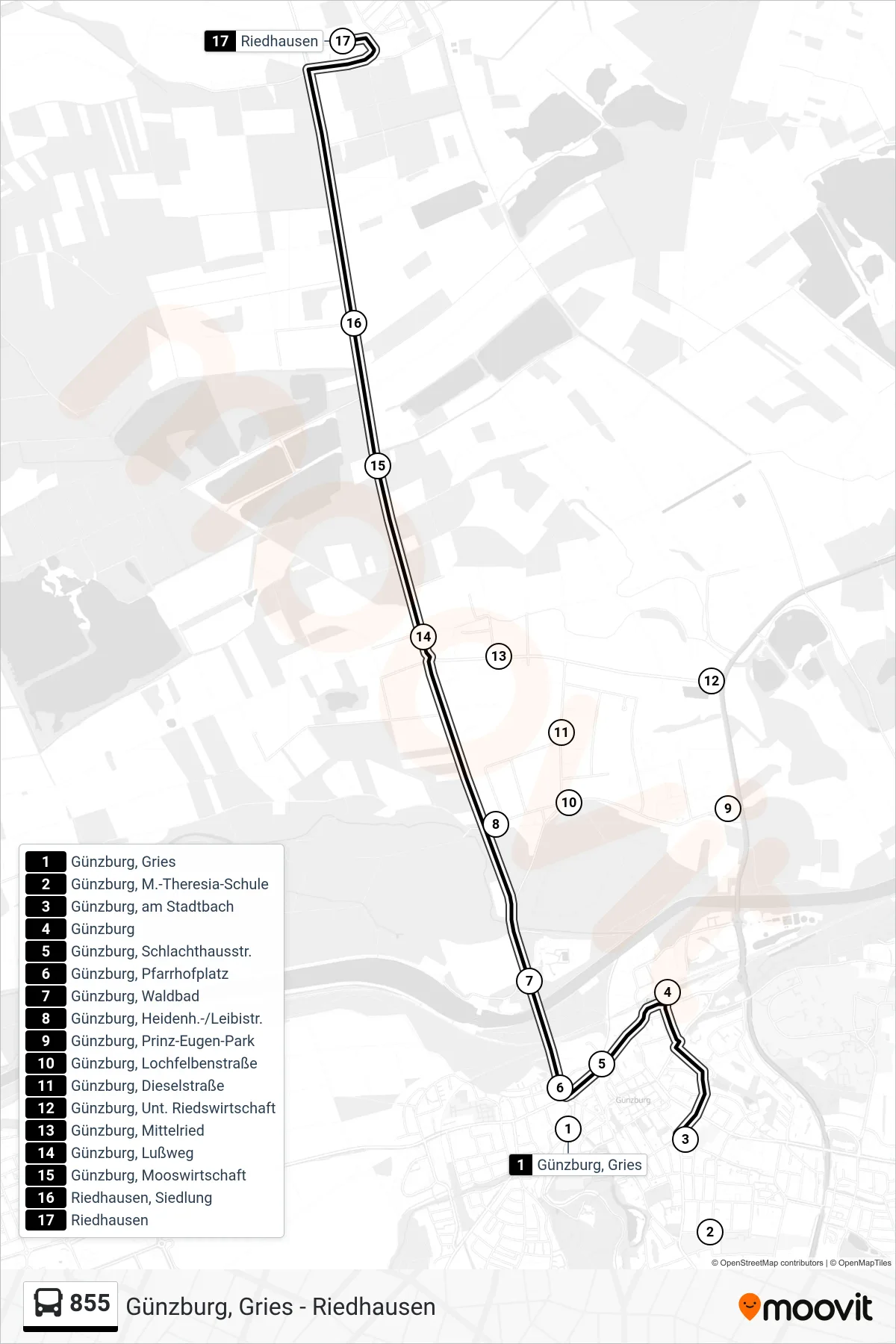 Linie 855 (Bus) Richtung Riedhausen: Route und Haltestellen auf der Karte
